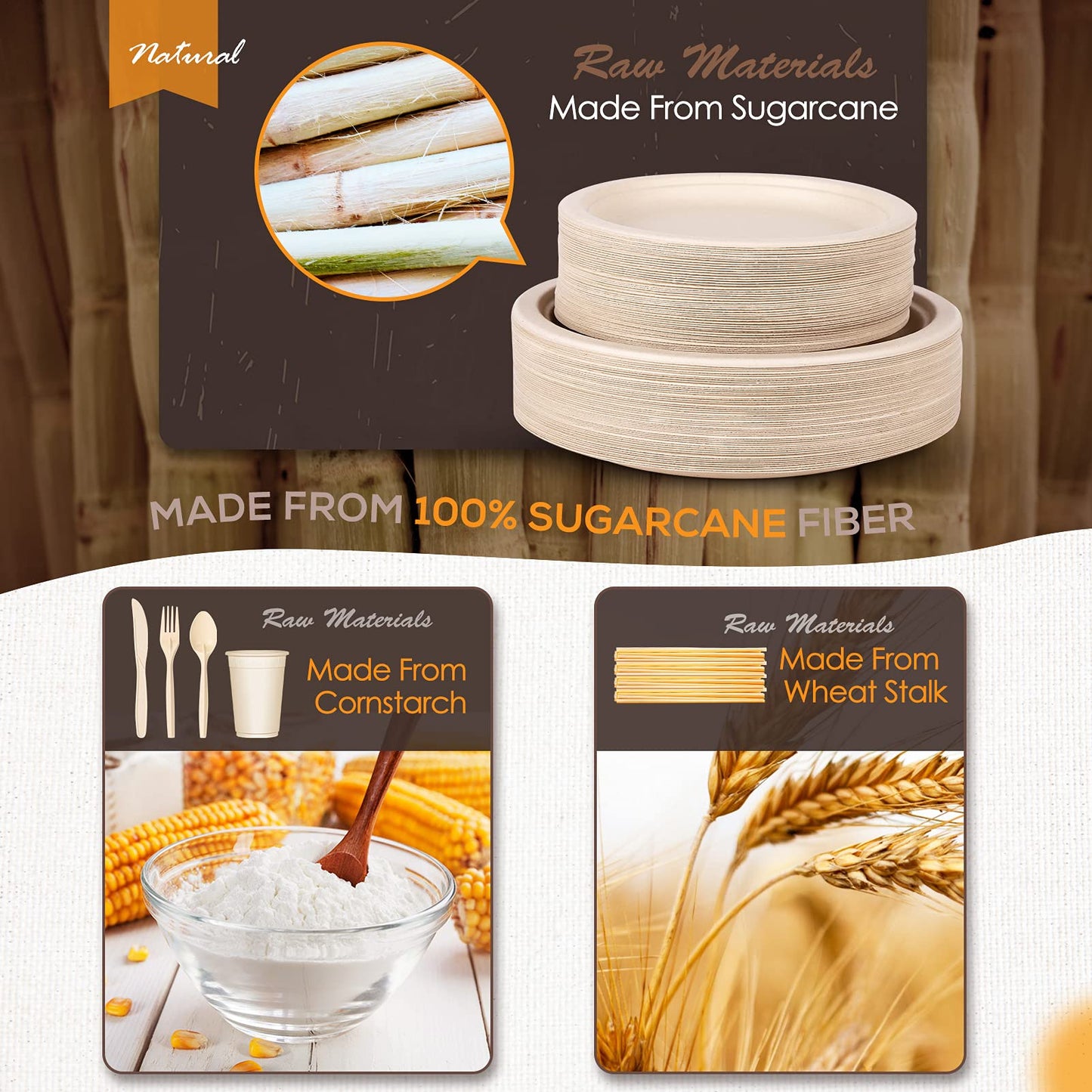 Compostable Dinnerware Set – Eco-Friendly Plates, Cutlery, Cups & More for 50 Guests -400-Pack