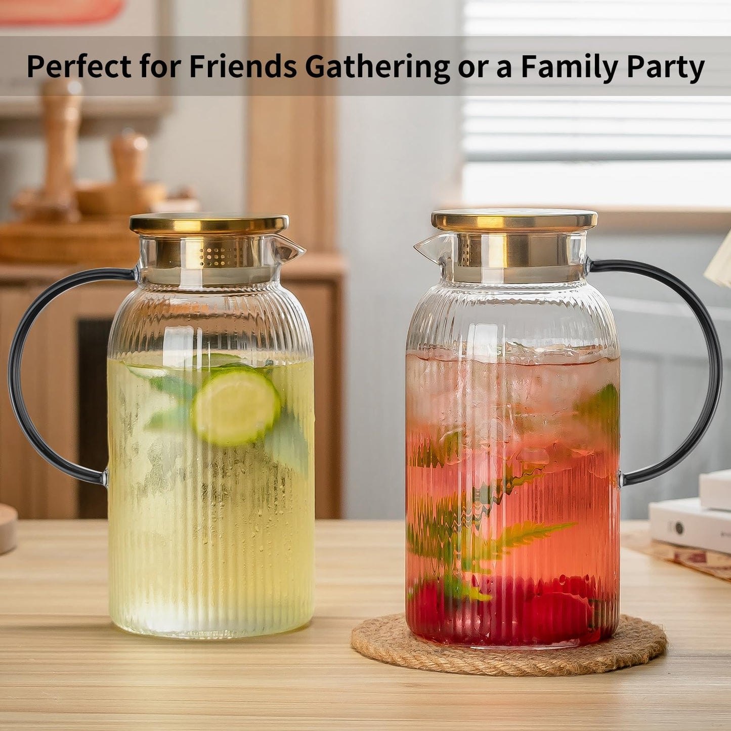 Glass Water Pitcher – 68oz Borosilicate Carafe with Stainless Steel Lid - Heat-Resistant