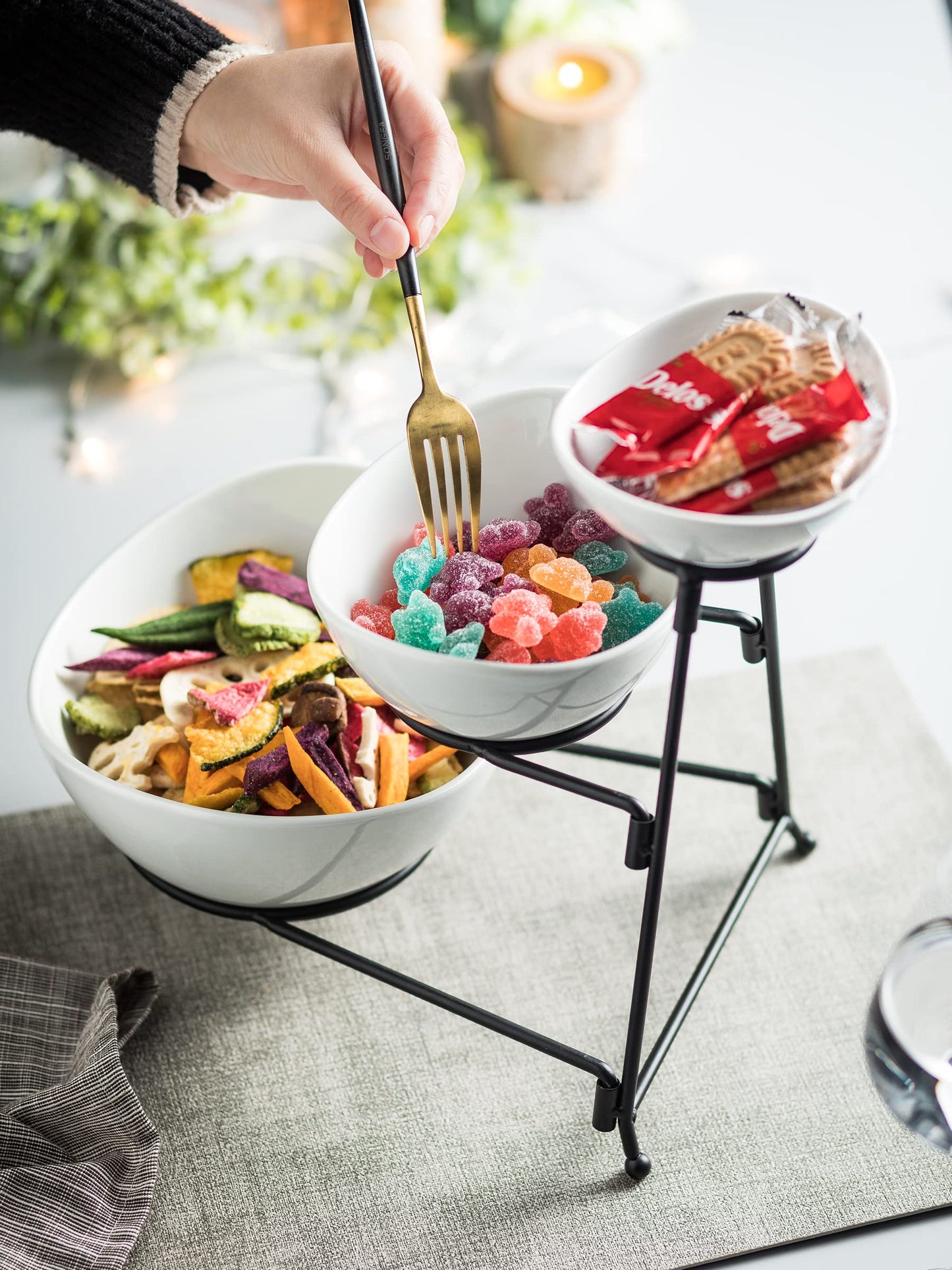 2-Tier Ceramic Chip and Dip Serving Set with Metal Stand – Divided White Glazed Bowls for Sauces, Snacks, and Appetizers