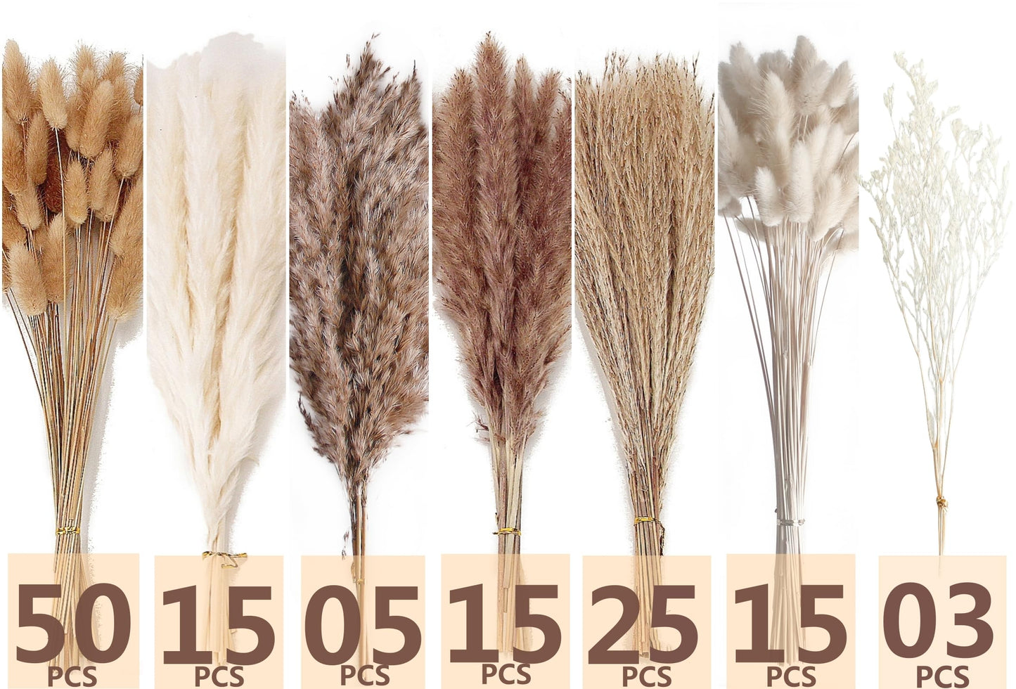 Natural Dried Pampas Grass Bouquet – Mixed Fluffy Pompous Grass for Vase, Boho Decor, Weddings, Gifts & Home Arrangements 100PCS