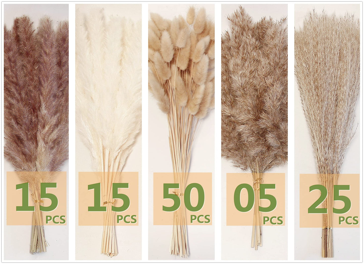 Natural Dried Pampas Grass Bouquet – Mixed Fluffy Pompous Grass for Vase, Boho Decor, Weddings, Gifts & Home Arrangements 100PCS