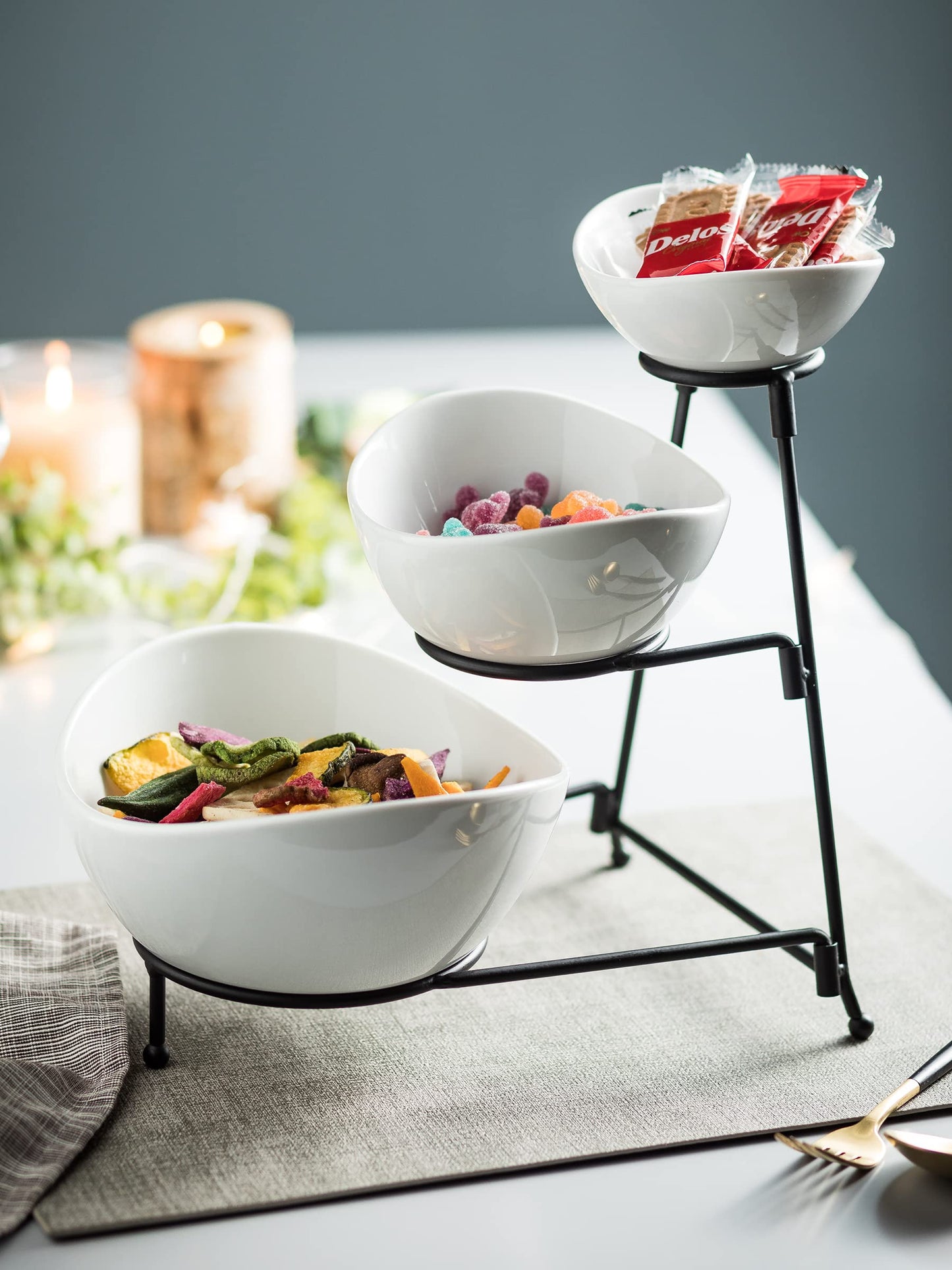 2-Tier Ceramic Chip and Dip Serving Set with Metal Stand – Divided White Glazed Bowls for Sauces, Snacks, and Appetizers