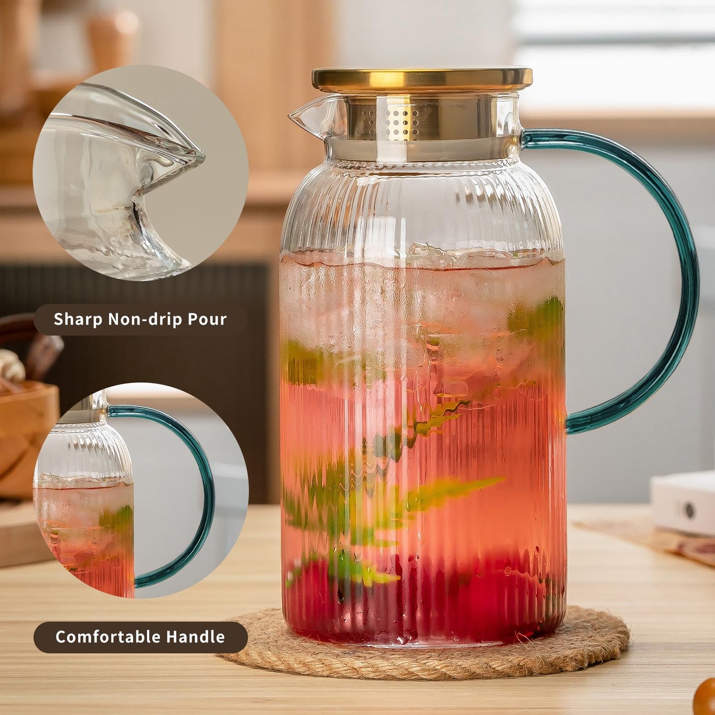 Glass Water Pitcher – 68oz Borosilicate Carafe with Stainless Steel Lid - Heat-Resistant