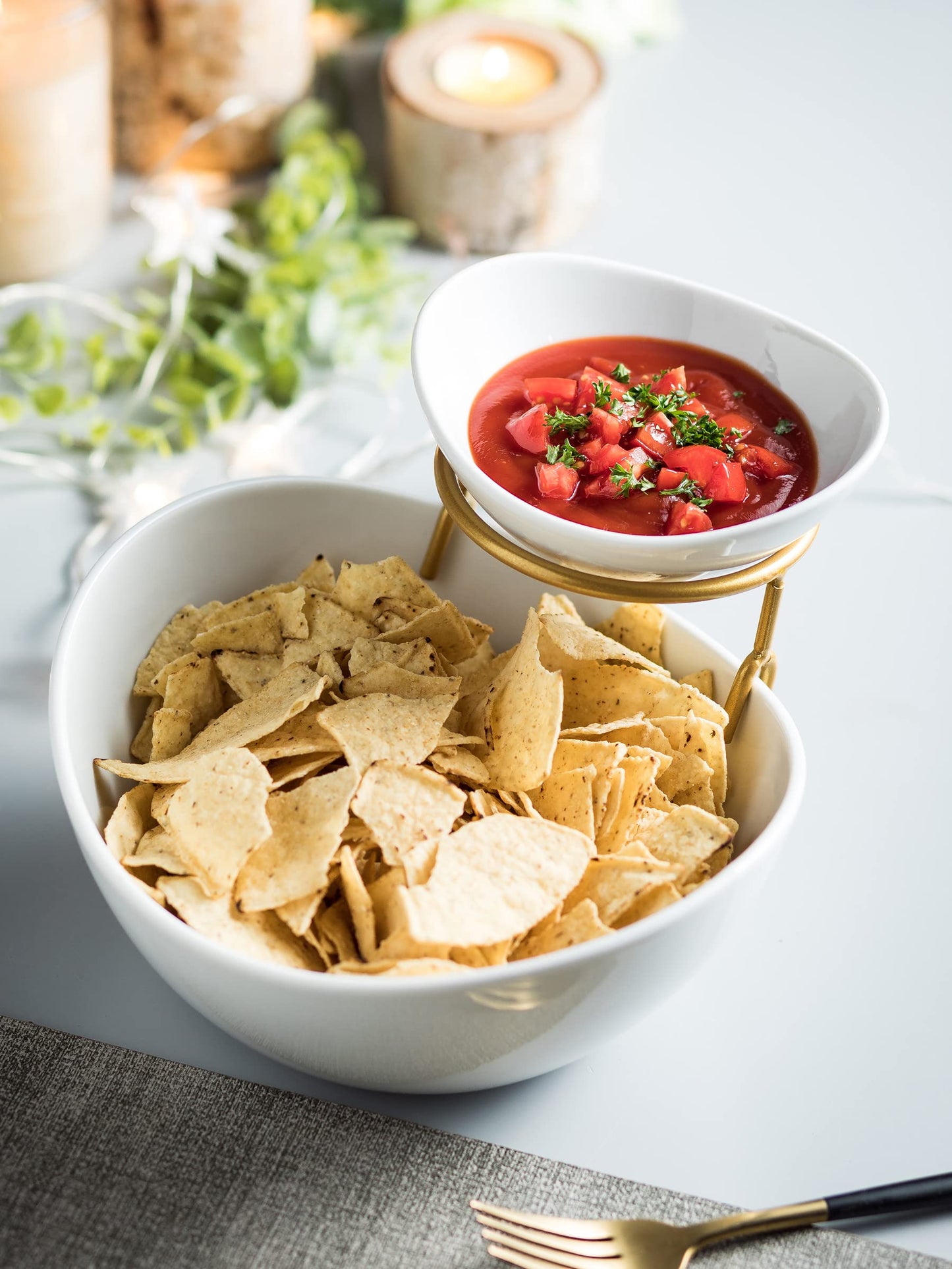 2-Tier Ceramic Chip and Dip Serving Set with Metal Stand – Divided White Glazed Bowls for Sauces, Snacks, and Appetizers