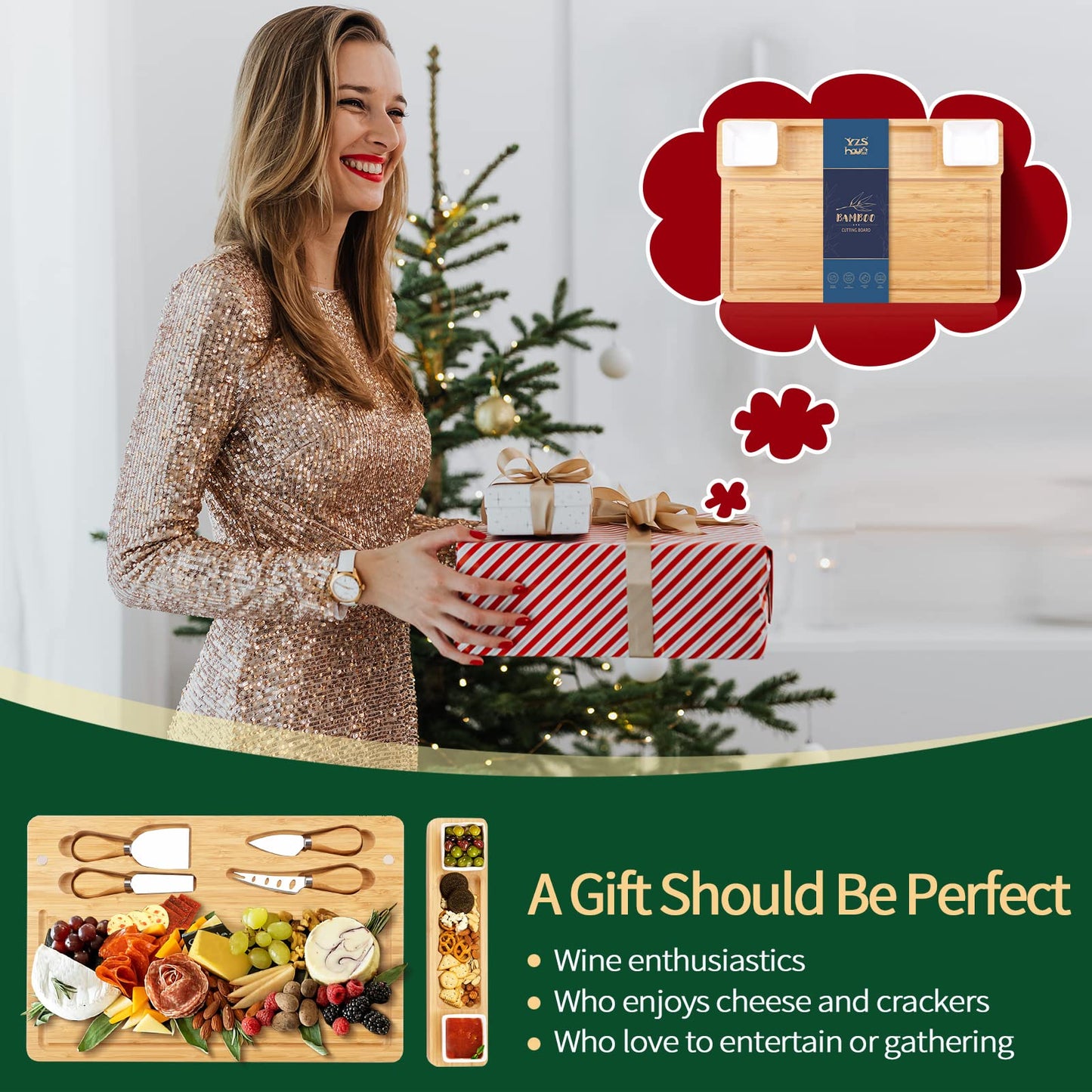 Bamboo Charcuterie Board Set – Cheese Board with Ceramic Bowls, Magnetic Knife Drawer, Crackers Groove