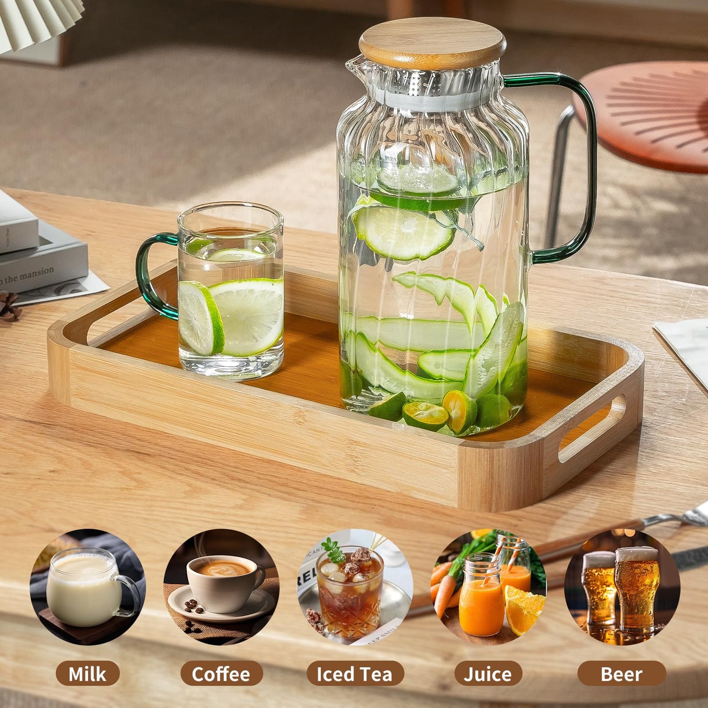 Glass Water Pitcher – 68oz Borosilicate Carafe with Stainless Steel Lid - Heat-Resistant