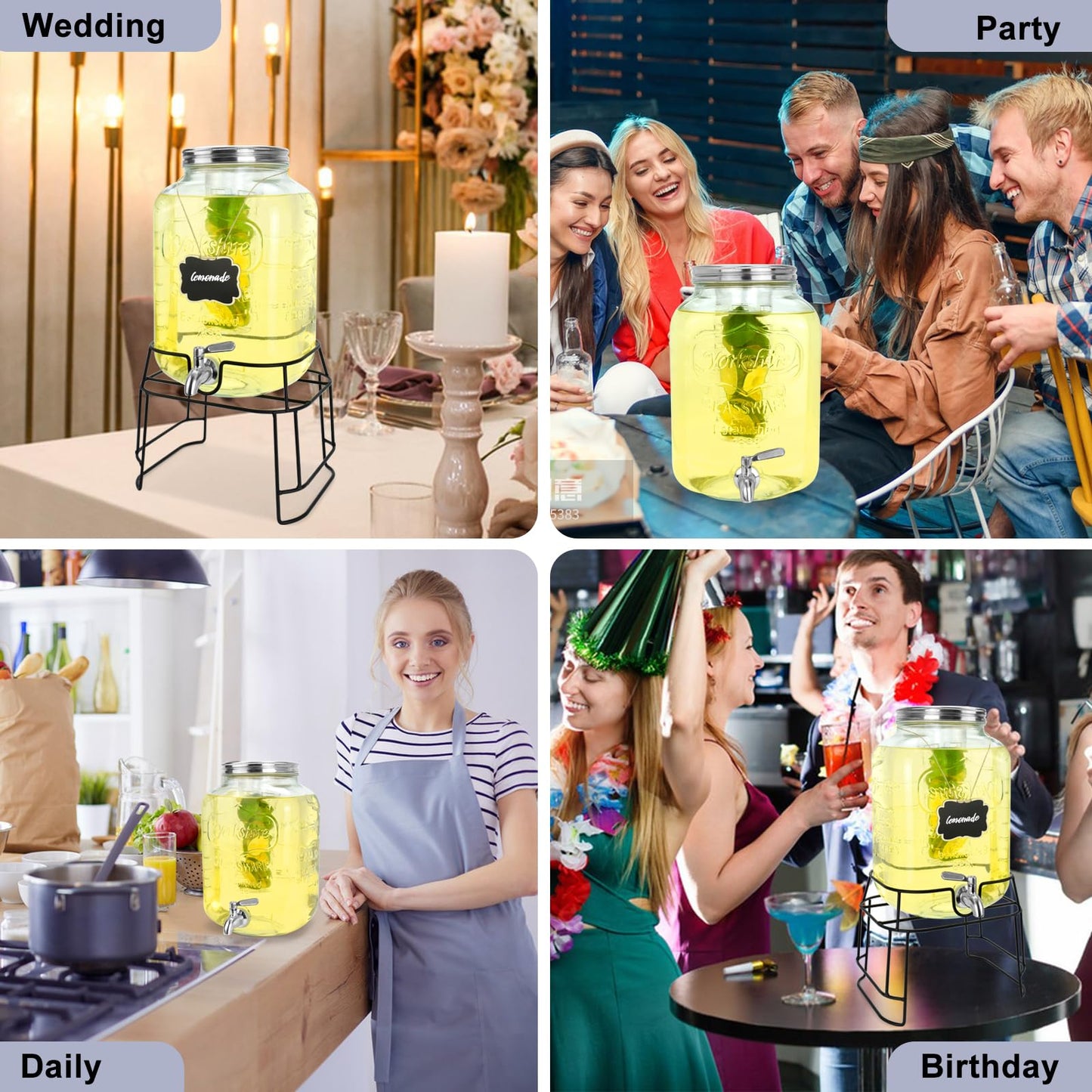 2-Gallon Glass Drink Dispenser Set with Stainless Steel Spigots & Chalkboard Tags – Dual Beverage Dispensers with Metal Stand