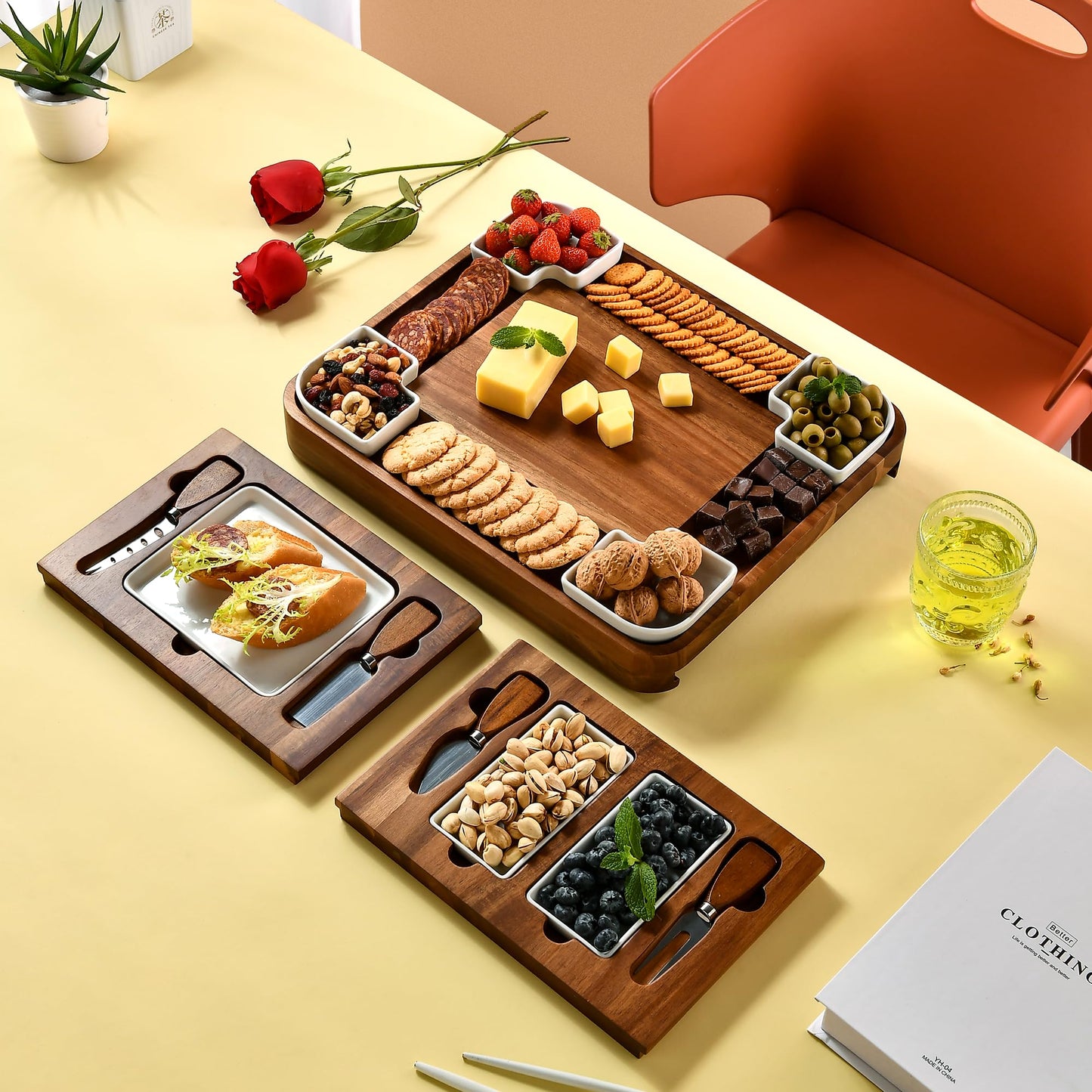All-Natural Acacia Wood Cheese Board Set with Hidden Drawers, Ceramic Plates, Bowls & Utensils