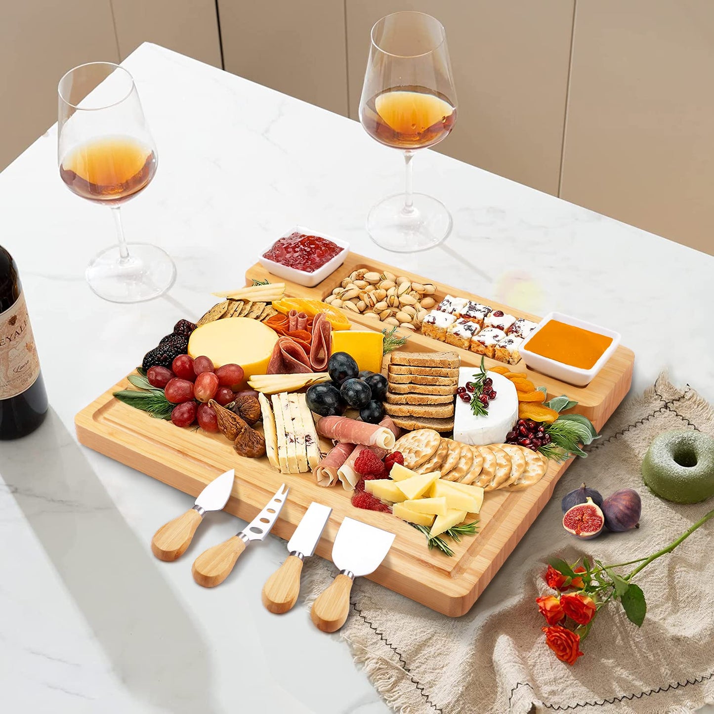 Bamboo Charcuterie Board Set – Cheese Board with Ceramic Bowls, Magnetic Knife Drawer, Crackers Groove