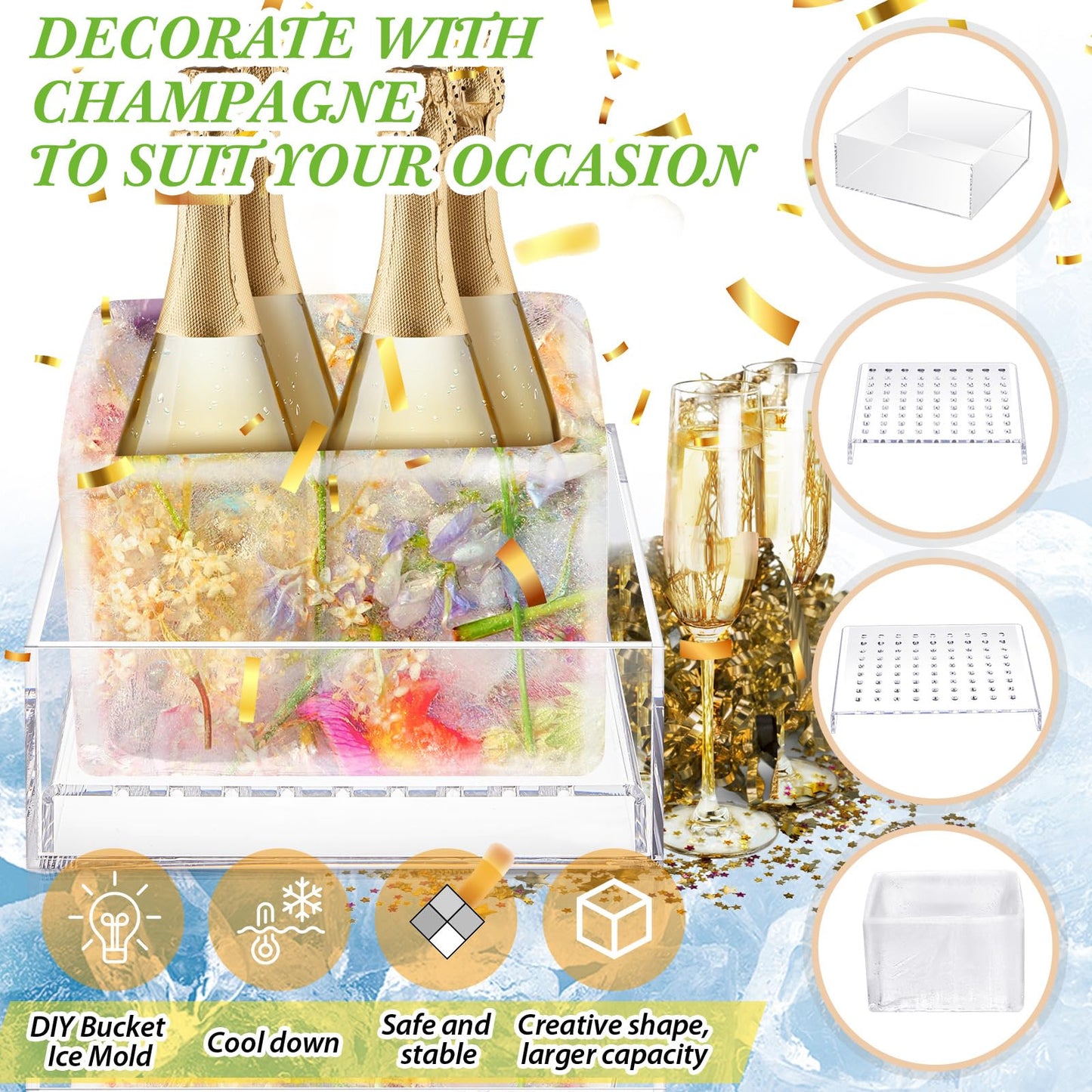 Champagne Ice Bucket Set with Silicone Ice Mold & Draining Racks β Acrylic Drink Chiller for Parties, Weddings & Celebrations