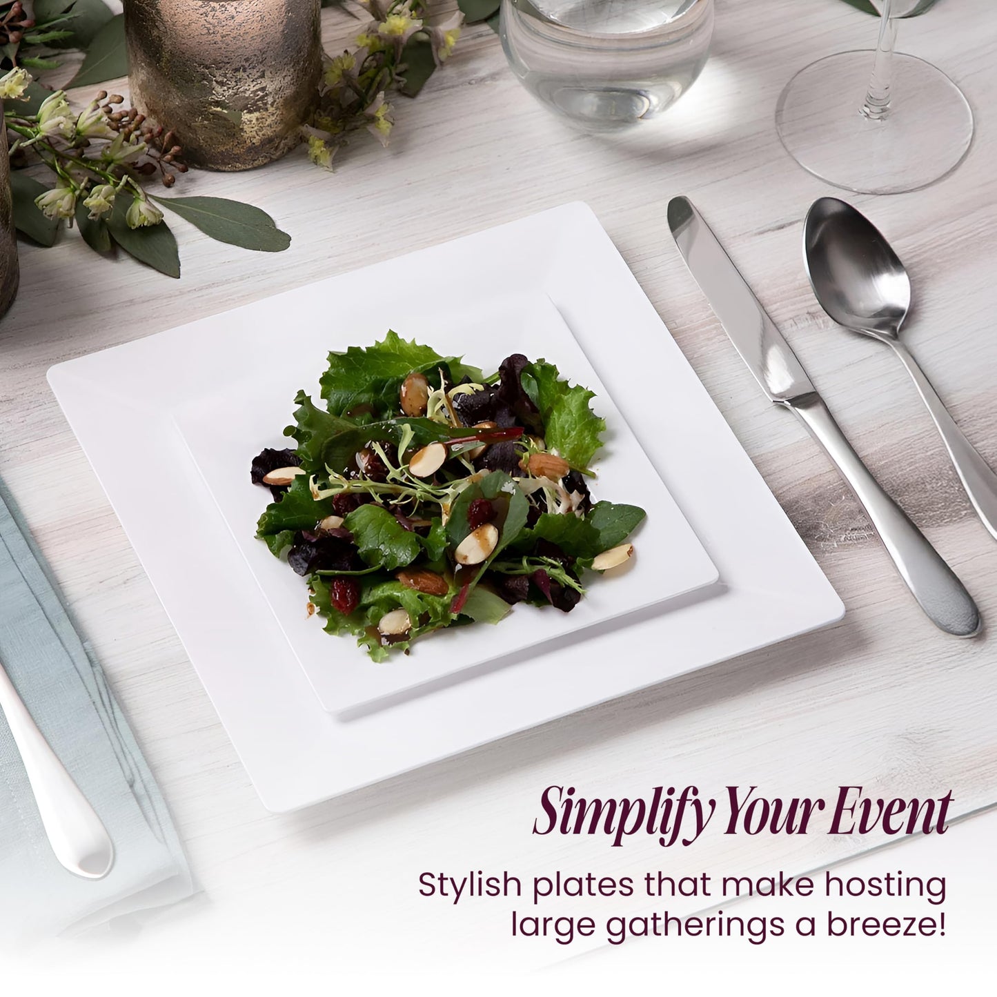 Elegant White Square Plastic Plates Set – 100-Piece Heavy Duty Disposable Dinnerware for 50 Guests (9.5” Dinner + 6.5” Appetizer Plates)