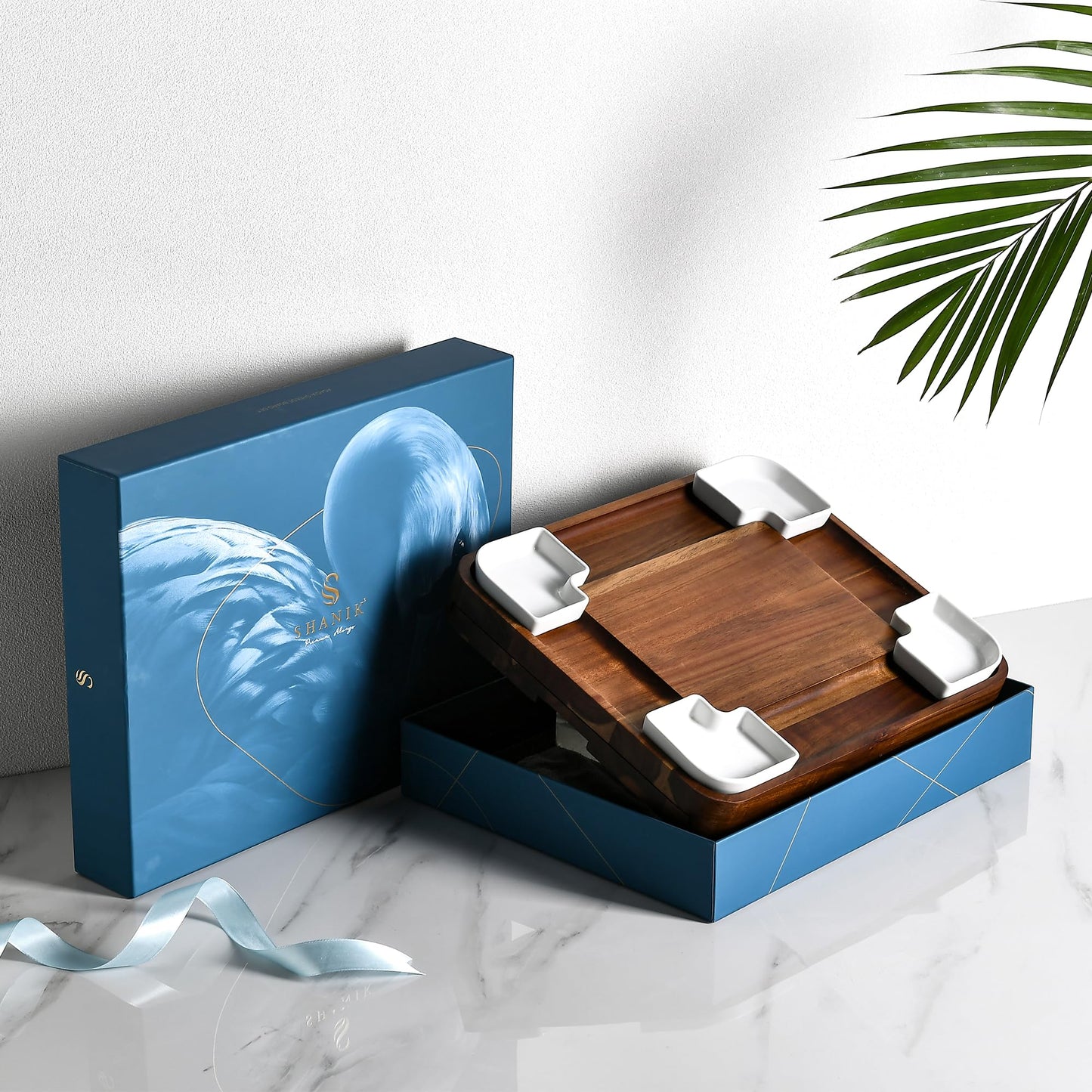 All-Natural Acacia Wood Cheese Board Set with Hidden Drawers, Ceramic Plates, Bowls & Utensils