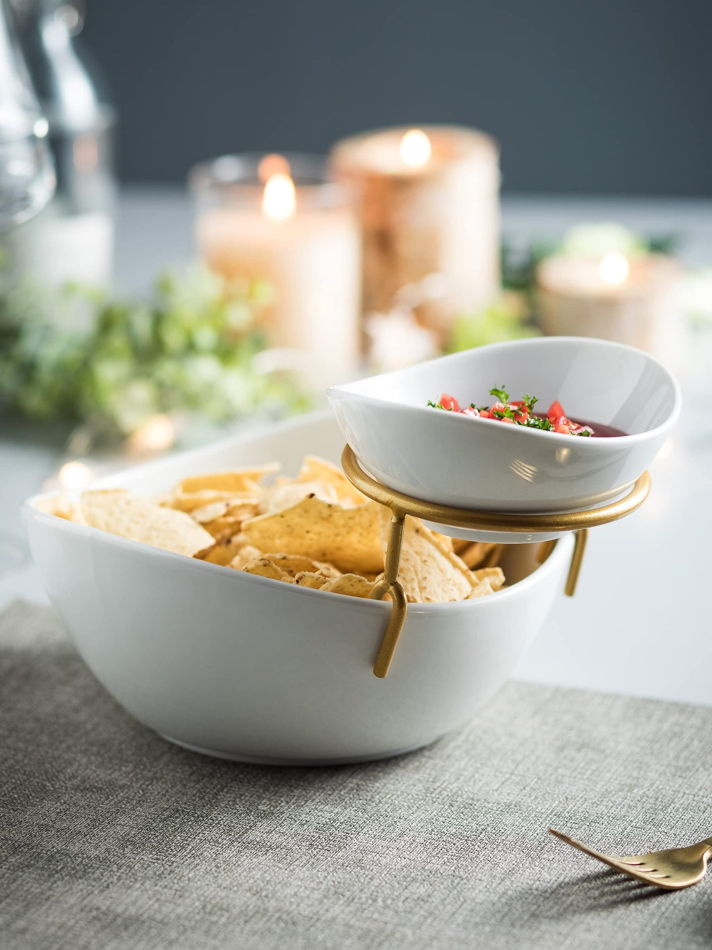 2-Tier Ceramic Chip and Dip Serving Set with Metal Stand – Divided White Glazed Bowls for Sauces, Snacks, and Appetizers