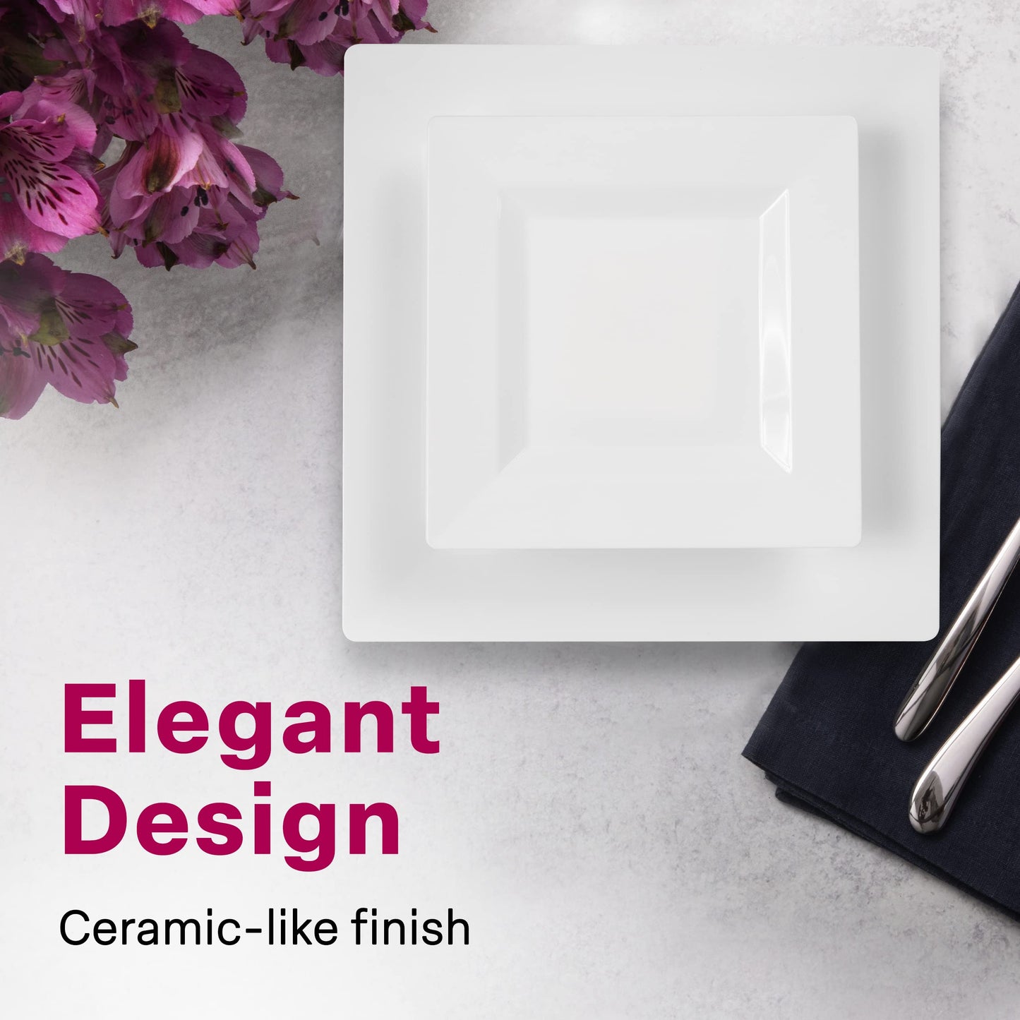Elegant White Square Plastic Plates Set – 100-Piece Heavy Duty Disposable Dinnerware for 50 Guests (9.5” Dinner + 6.5” Appetizer Plates)