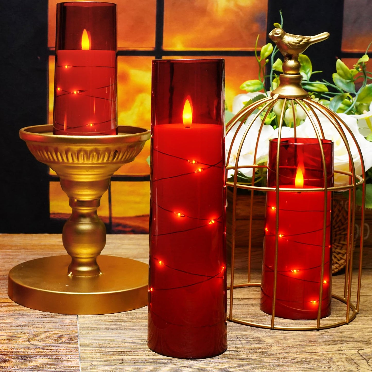 Flameless Mood Lighting Candle Set with Embedded String Lights