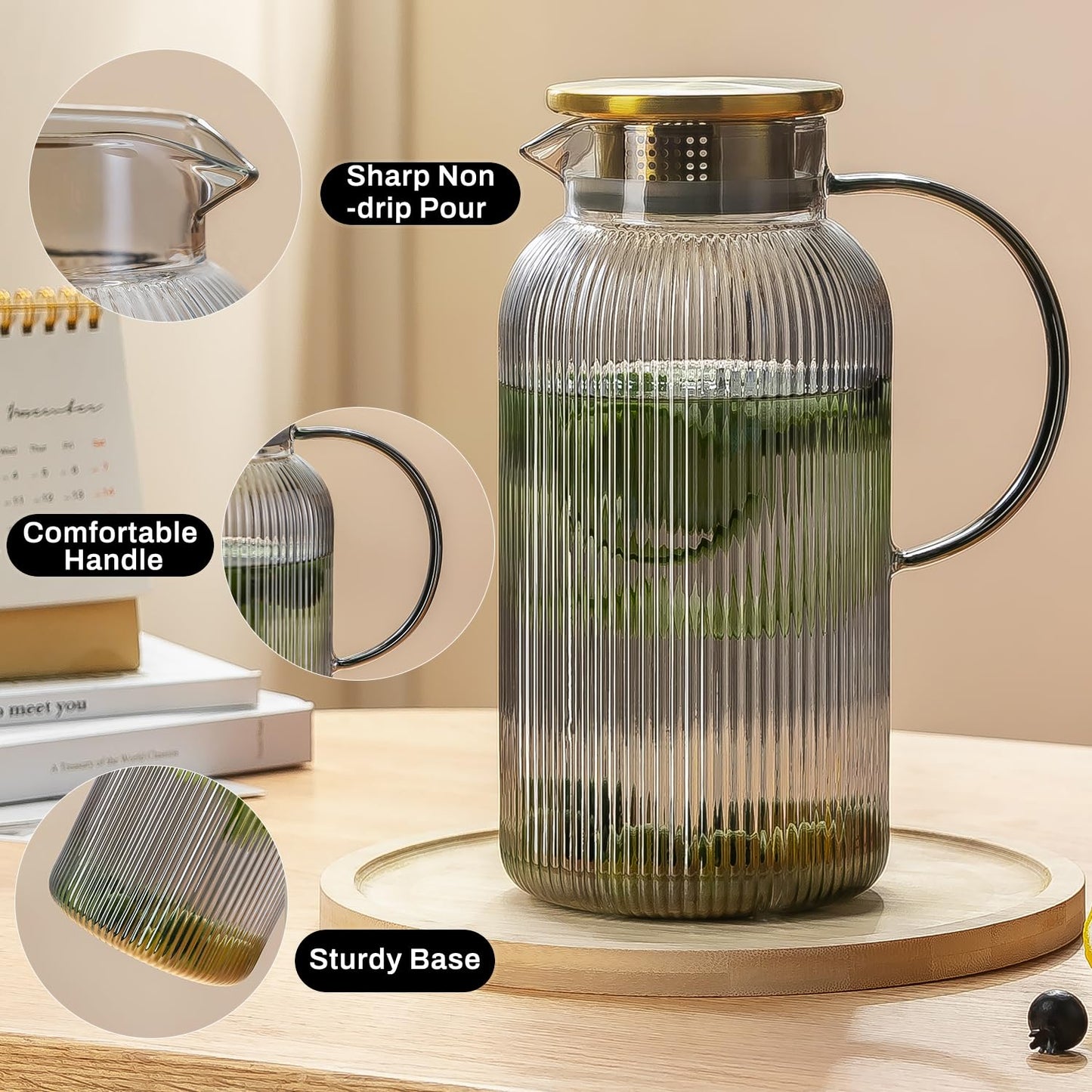 Glass Water Pitcher – 68oz Borosilicate Carafe with Stainless Steel Lid - Heat-Resistant