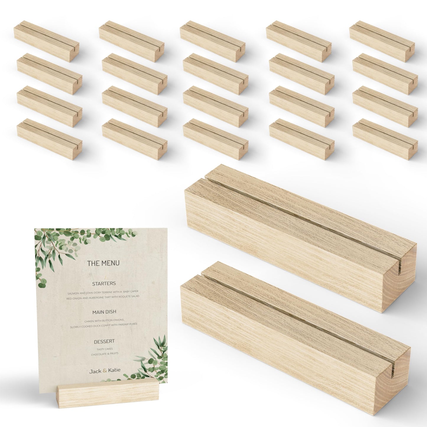 Natural Oak Wood Place Card Holders – Rustic Tabletop Name Holders for Weddings, Events, Parties, Menus & Number Signs