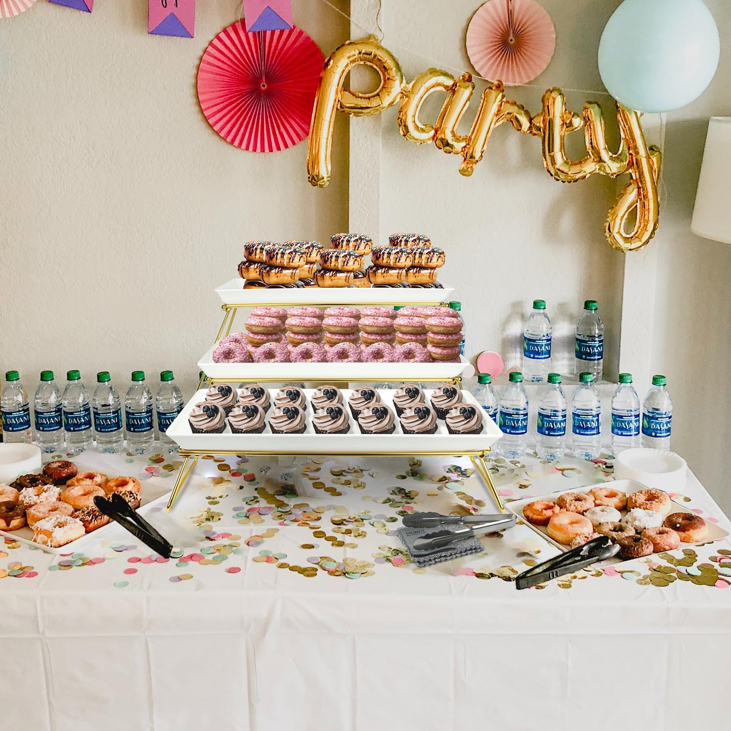 Serving Tray Stand – Collapsible Display with White Melamine Platters for Parties, Holidays & Events | BPA-Free