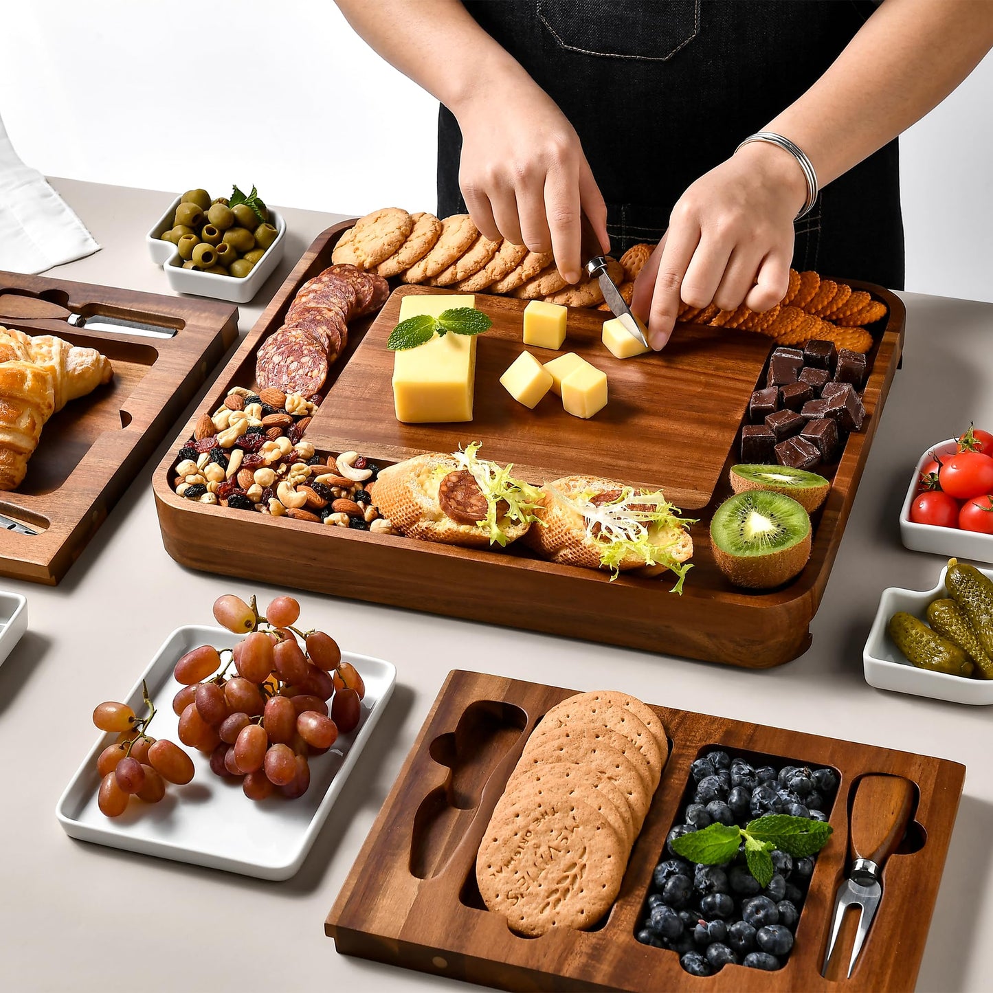 All-Natural Acacia Wood Cheese Board Set with Hidden Drawers, Ceramic Plates, Bowls & Utensils