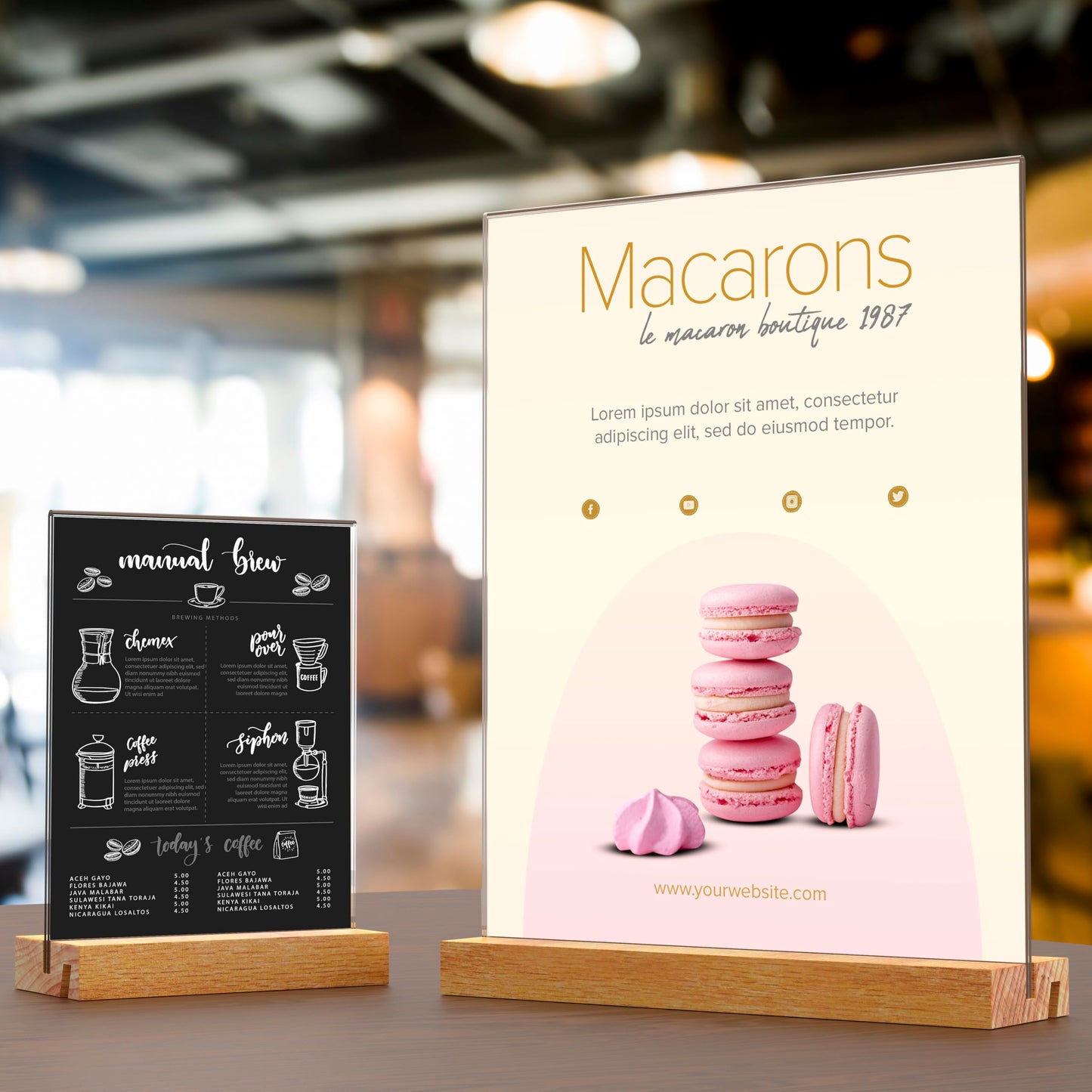 Beech Wood Acrylic Sign Holder – Double-Sided Slotted Display Stand for Menus, Signs, Promotions | Clear Acrylic Tabletop Signage