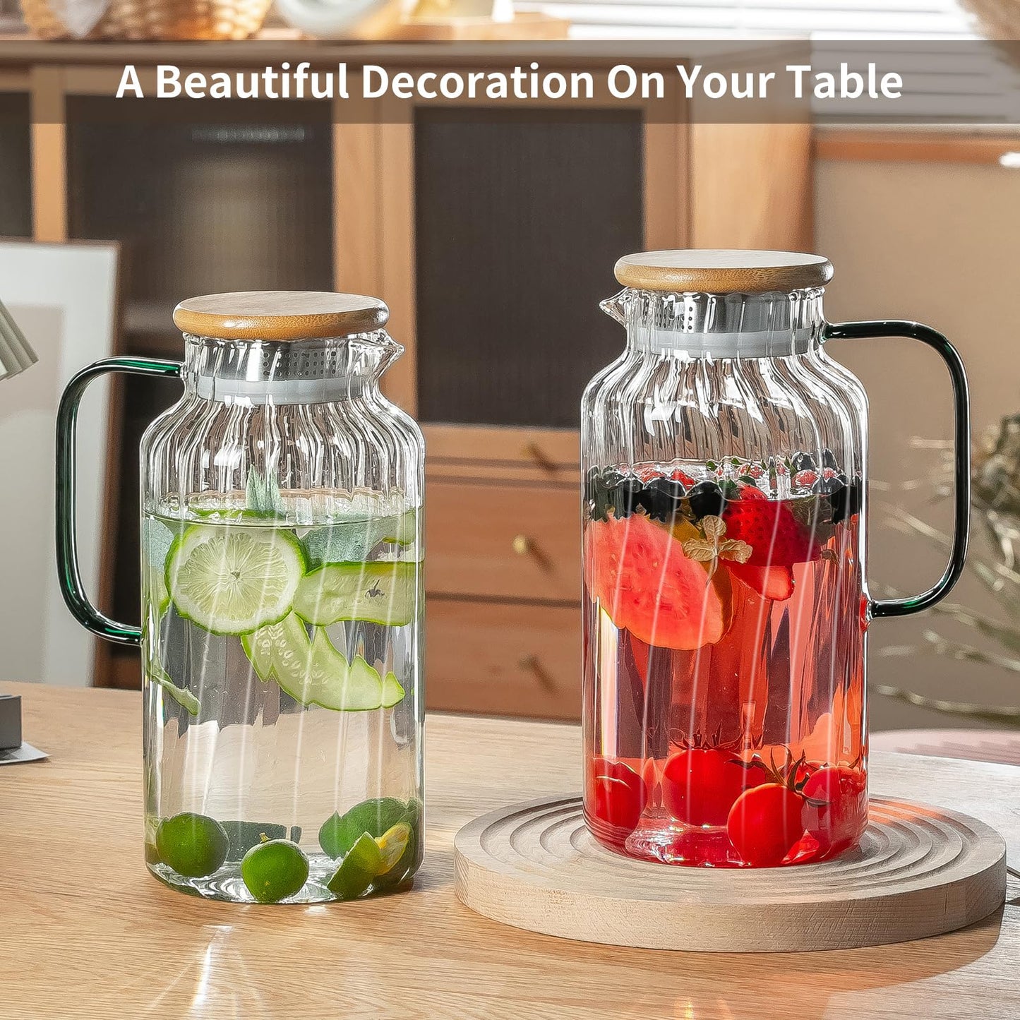 Glass Water Pitcher – 68oz Borosilicate Carafe with Stainless Steel Lid - Heat-Resistant