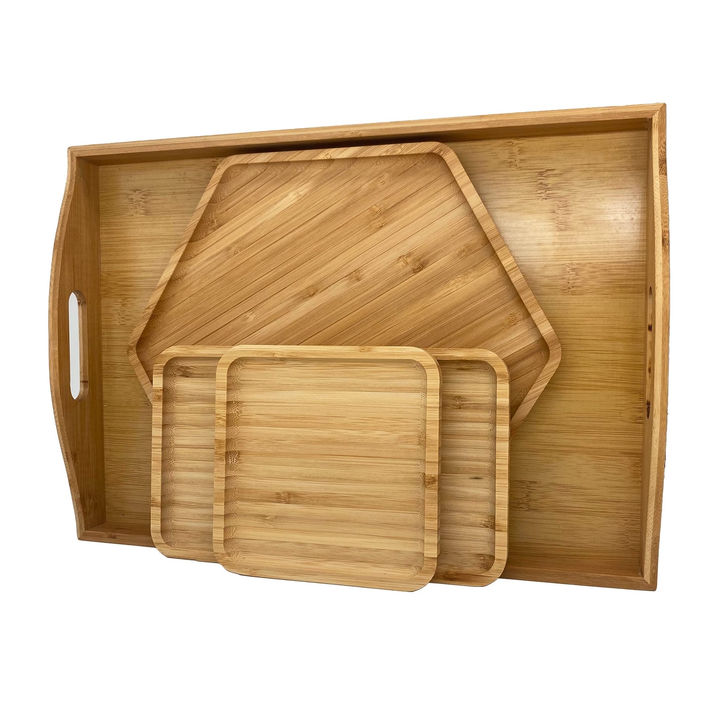Natural Bamboo Serving Plate Set – Large Rectangle with Handle + Hexagon & Square Plates