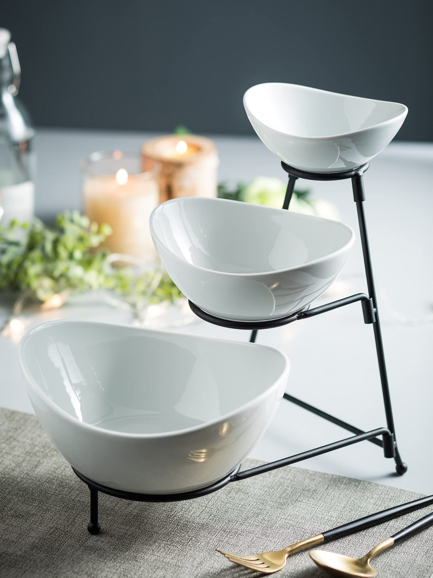 2-Tier Ceramic Chip and Dip Serving Set with Metal Stand – Divided White Glazed Bowls for Sauces, Snacks, and Appetizers