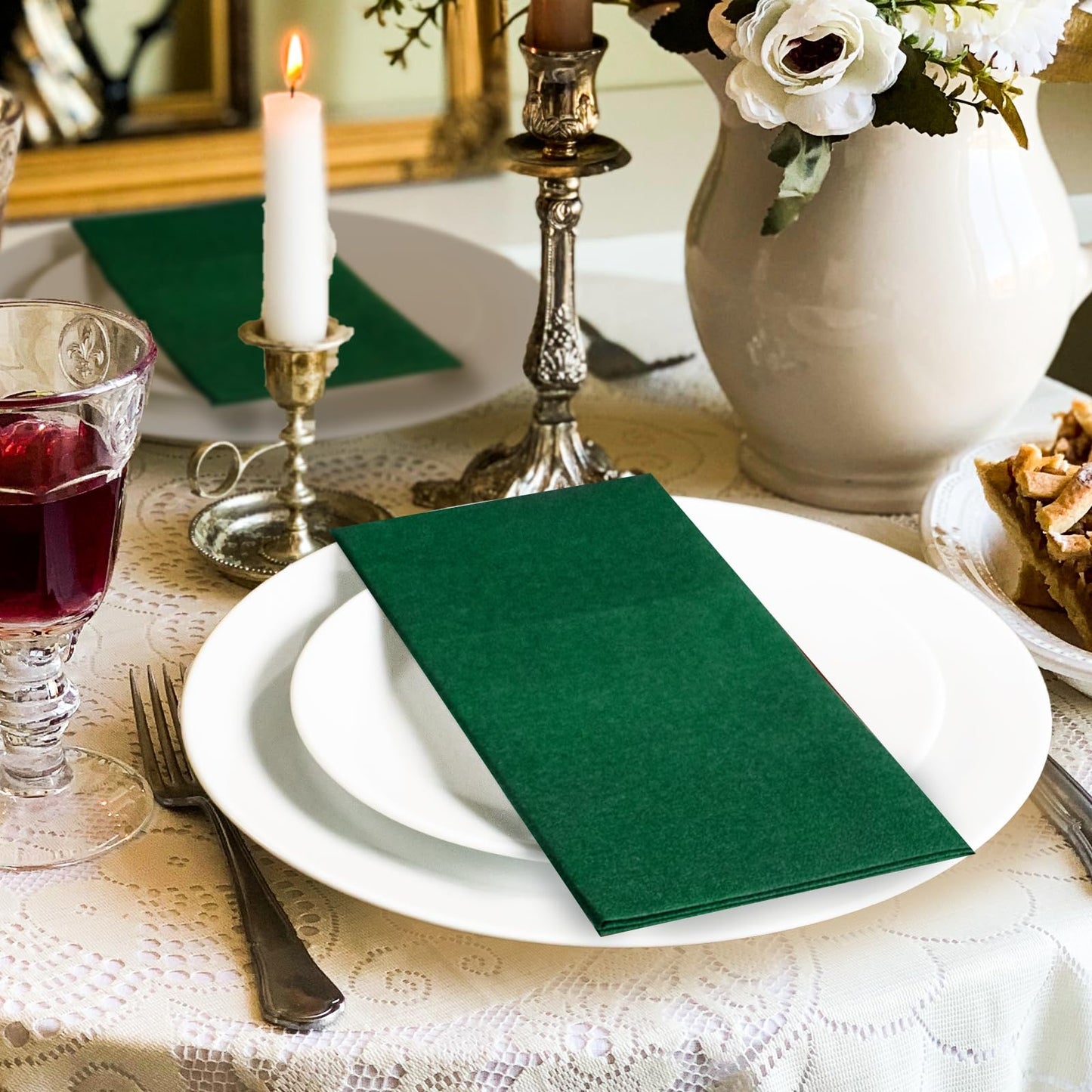 Solid Color Pocket Napkins – 50-Pack Linen-Like Paper Napkins with Silverware Pocket | Soft, Absorbent & Elegant for Dining, Weddings, and Events - Matcha Green