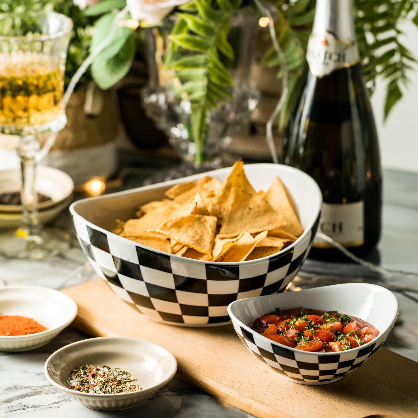 2-Tier Ceramic Chip and Dip Serving Set with Metal Stand – Divided White Glazed Bowls for Sauces, Snacks, and Appetizers