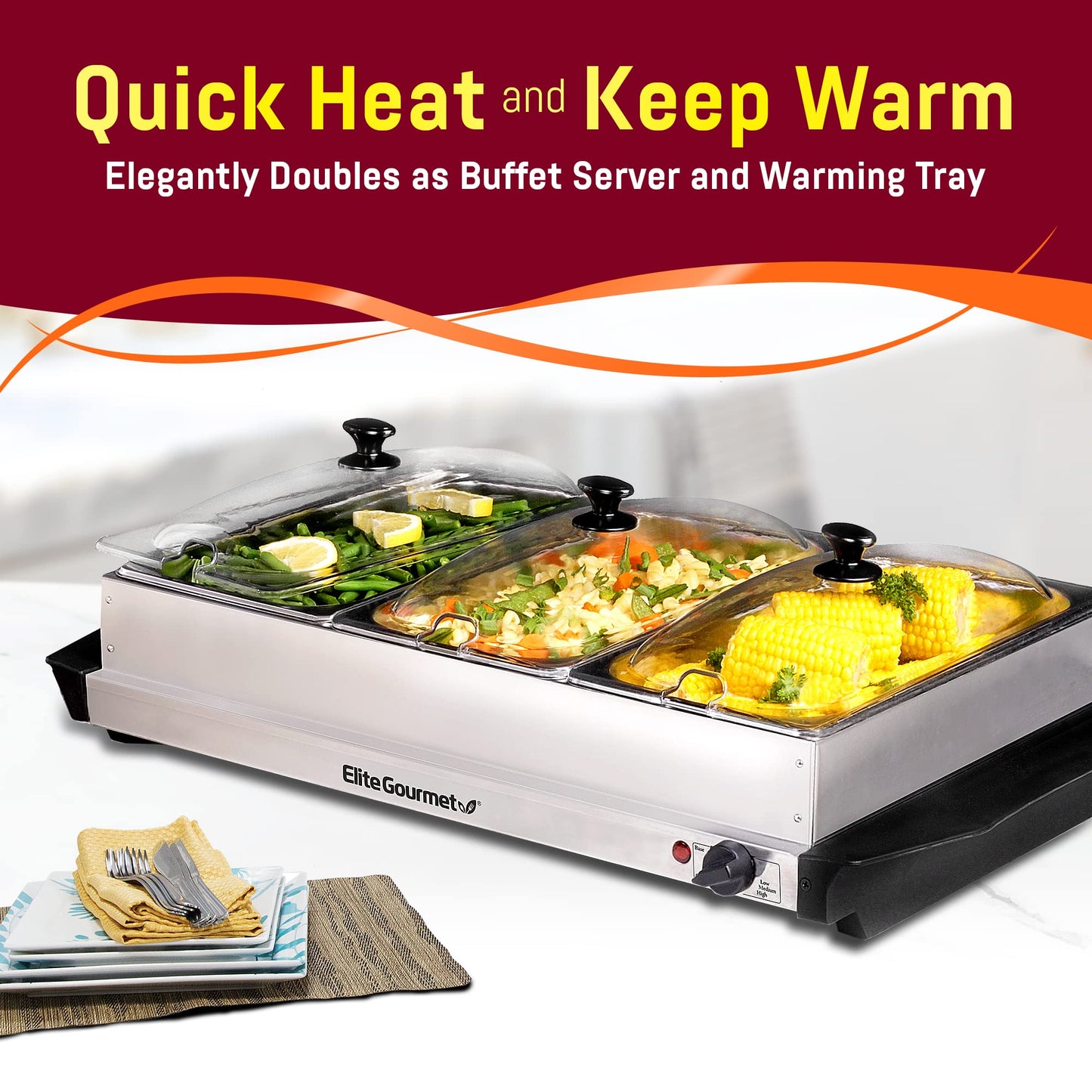 Electric Buffet Food Warmer with 3 Stainless Steel Trays & Dome Lids - Portable Warming Tray for Parties & Events
