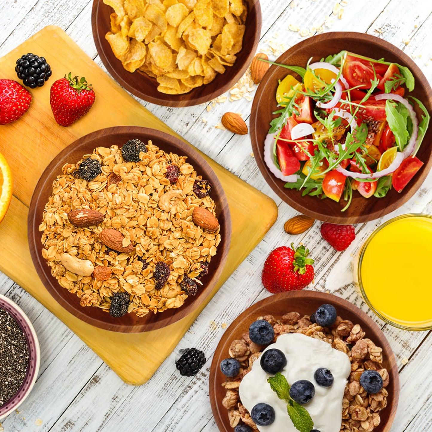 Acacia Wood Salad Bowl Set – 7-Inch Natural Wooden Serving Bowls for Salad, Snacks & Sides | Eco-Friendly & Handcrafted -4-Piece