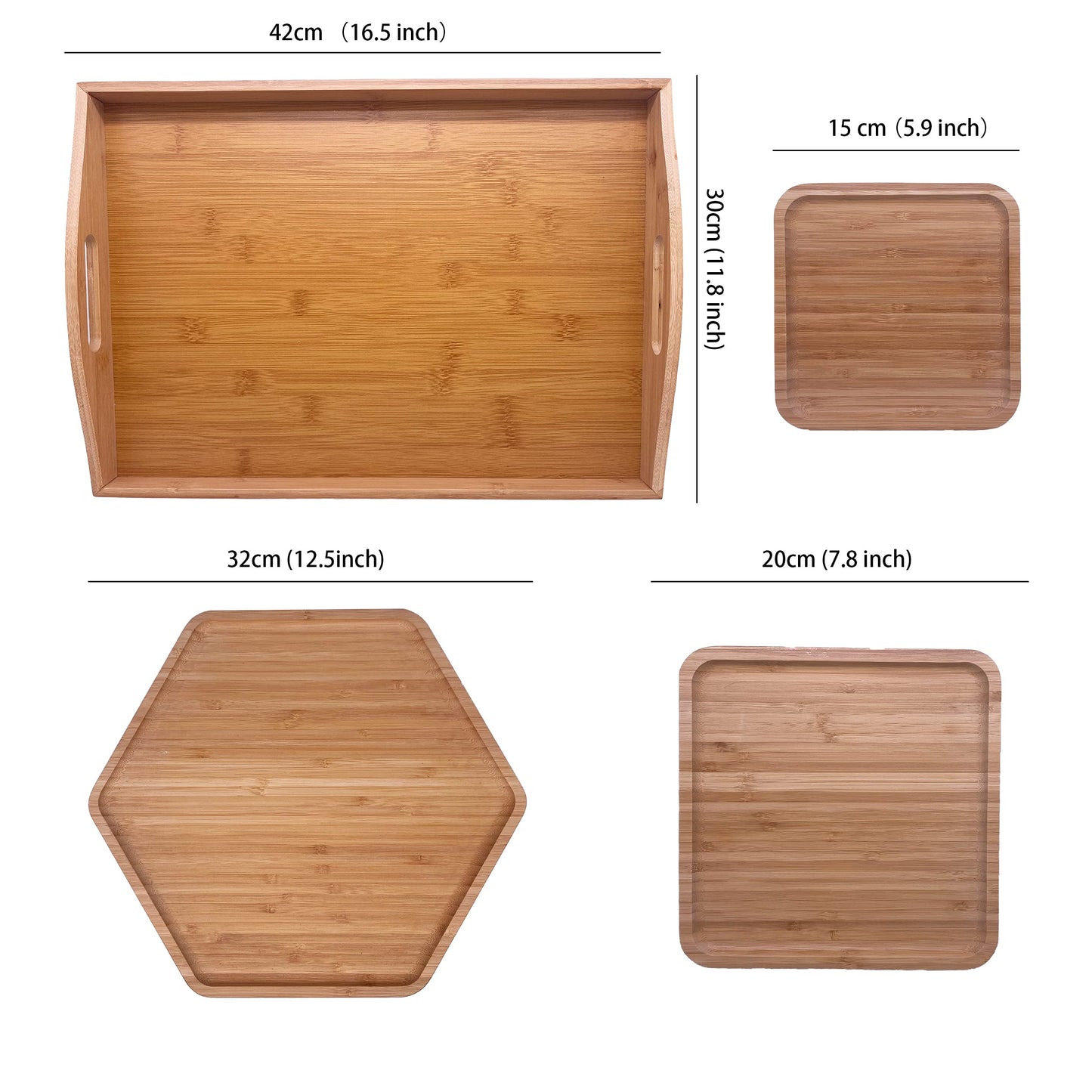 Natural Bamboo Serving Plate Set – Large Rectangle with Handle + Hexagon & Square Plates