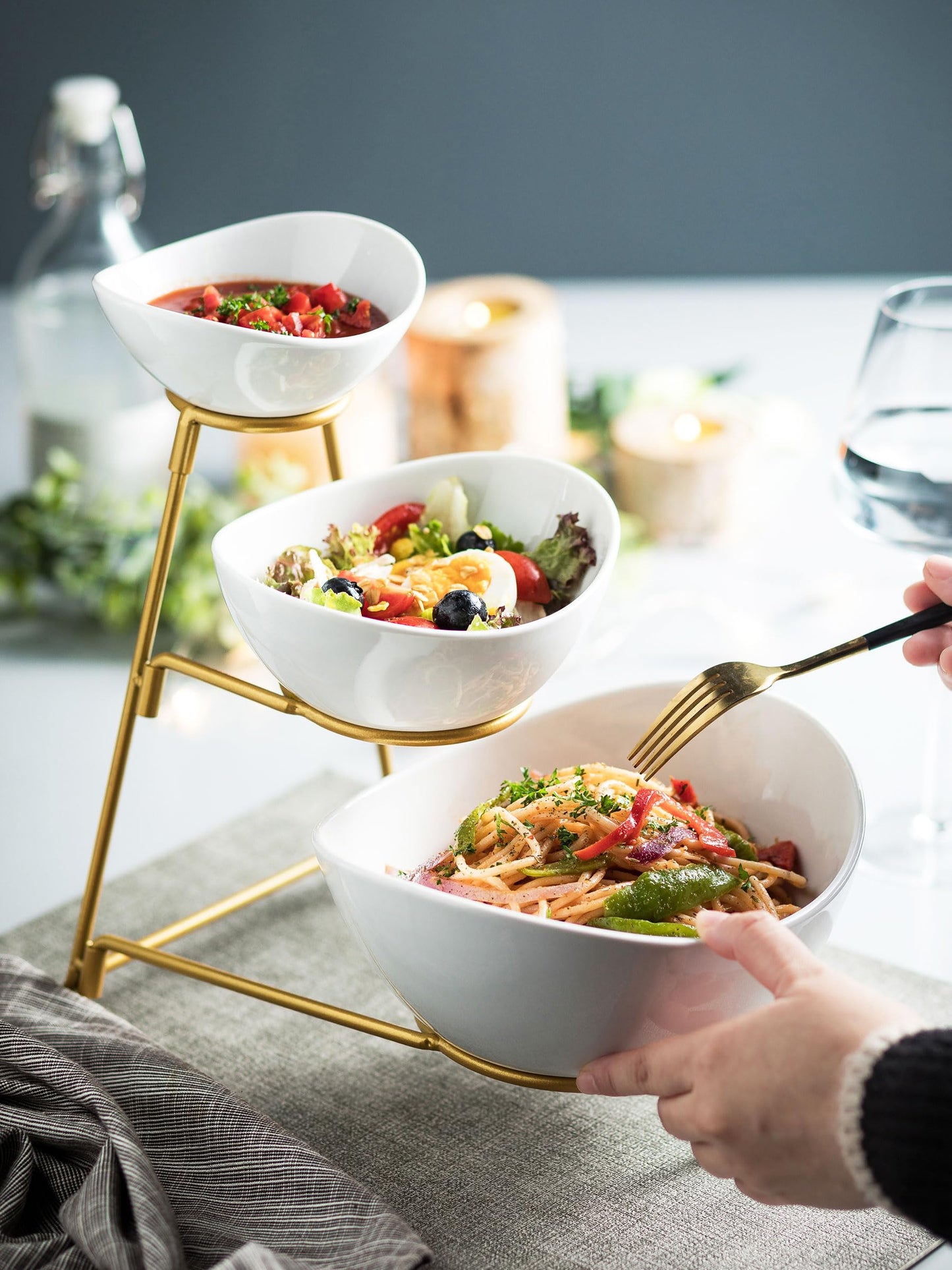 2-Tier Ceramic Chip and Dip Serving Set with Metal Stand – Divided White Glazed Bowls for Sauces, Snacks, and Appetizers