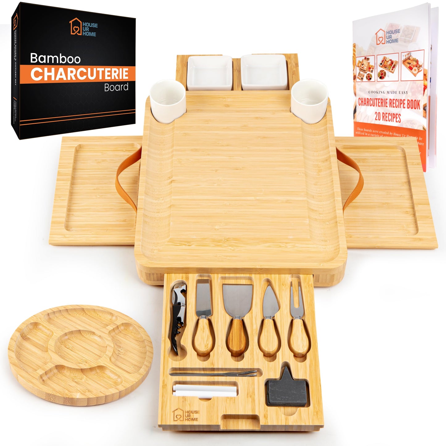 Bamboo Charcuterie Board Set with Cheese Knives, Ceramic Bowls, Plates & Magnetic Drawers – Complete Serving Tray Gift Set for Wine & Cheese Lovers