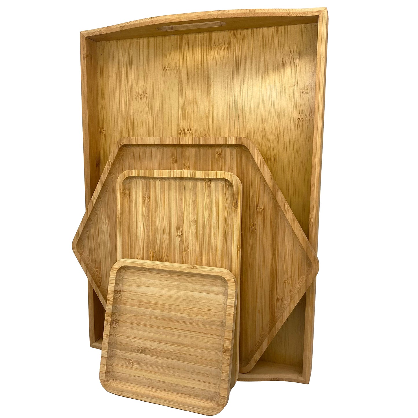 Natural Bamboo Serving Plate Set – Large Rectangle with Handle + Hexagon & Square Plates