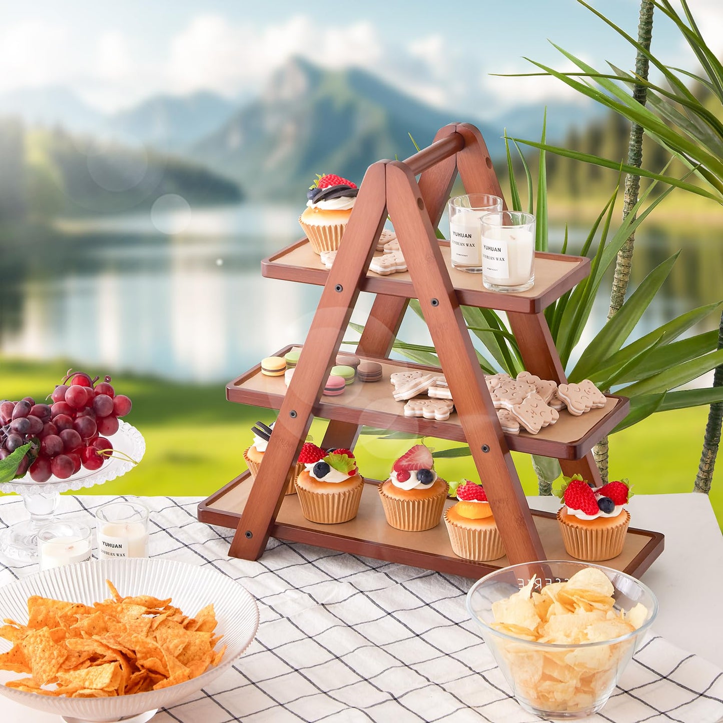 3-Tier Bamboo Cupcake Stand with– Reinforced Dessert Display Tray for Parties, Events, and Home Use