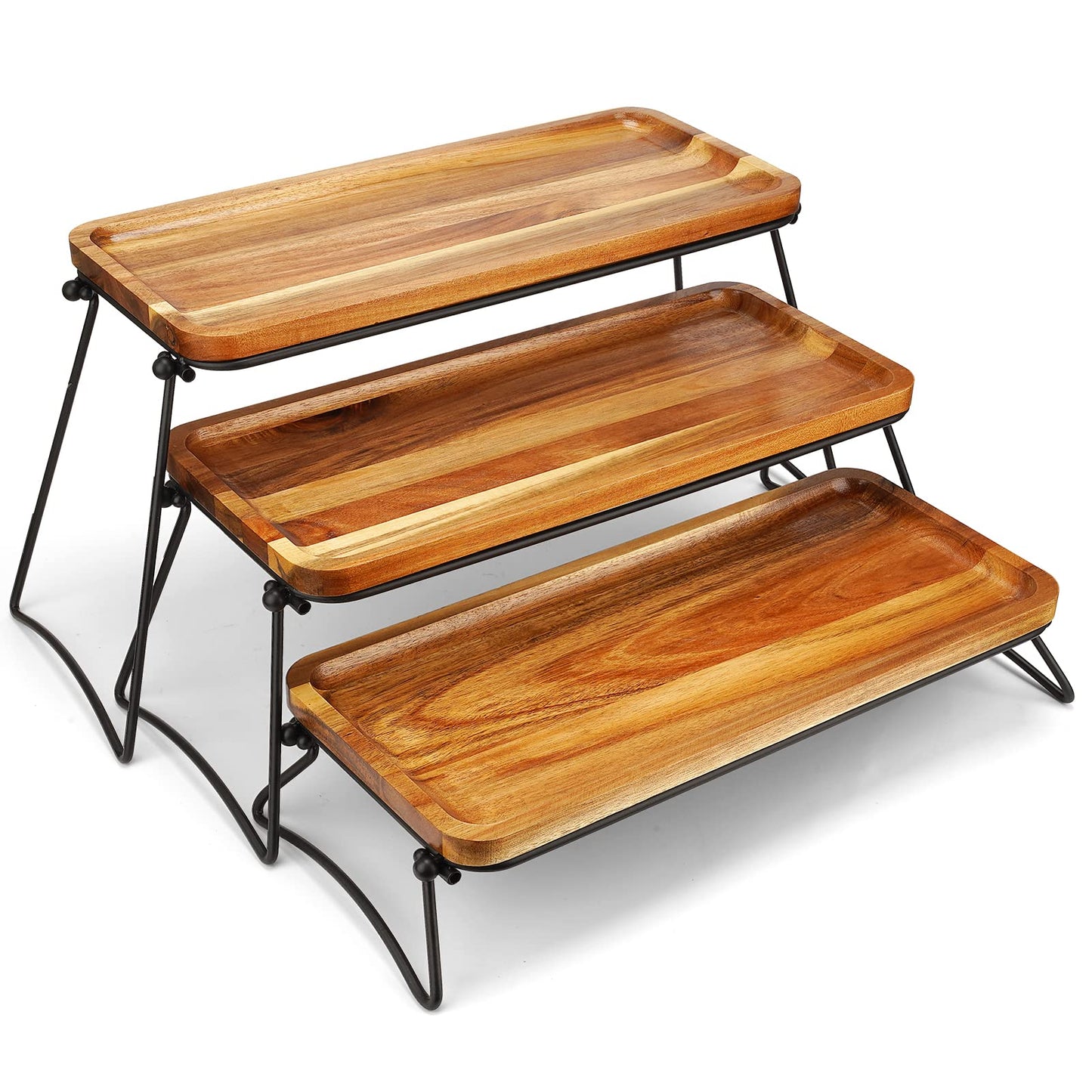 Acacia Wood Serving Tray – Handcrafted Charcuterie & Dessert Stand with Collapsible Rack | Rustic Wood Display for Parties, Events