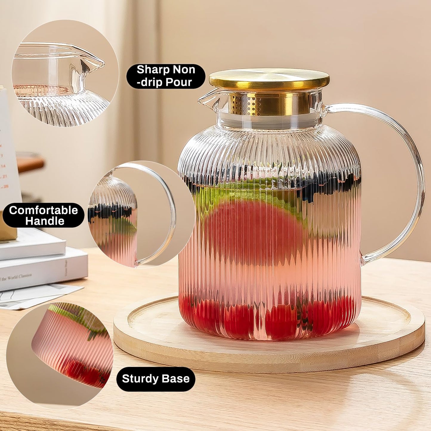 Glass Water Pitcher – 68oz Borosilicate Carafe with Stainless Steel Lid - Heat-Resistant