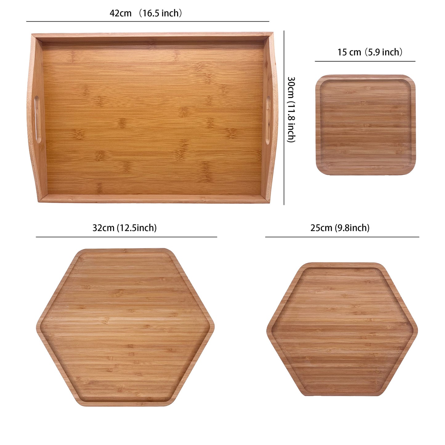 Natural Bamboo Serving Plate Set – Large Rectangle with Handle + Hexagon & Square Plates