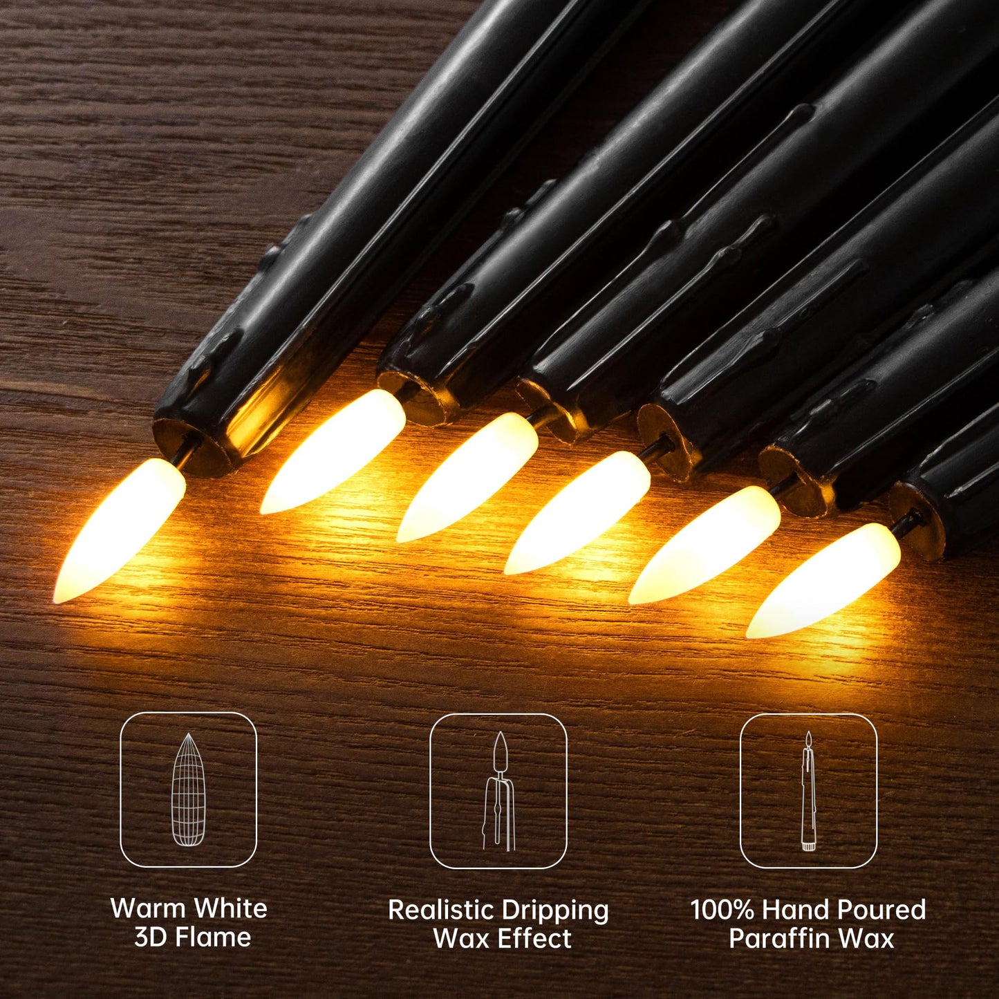 Black Wax Drip Flameless Taper Candles – Set of 6 LED Candles with Remote Control