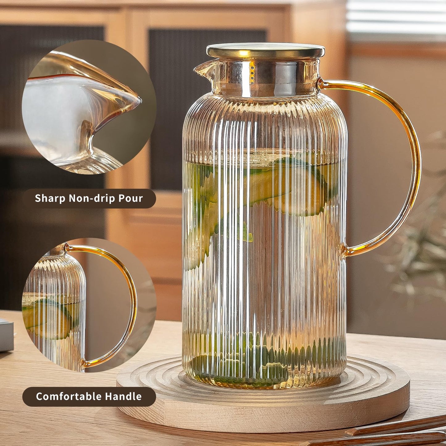 Glass Water Pitcher – 68oz Borosilicate Carafe with Stainless Steel Lid - Heat-Resistant