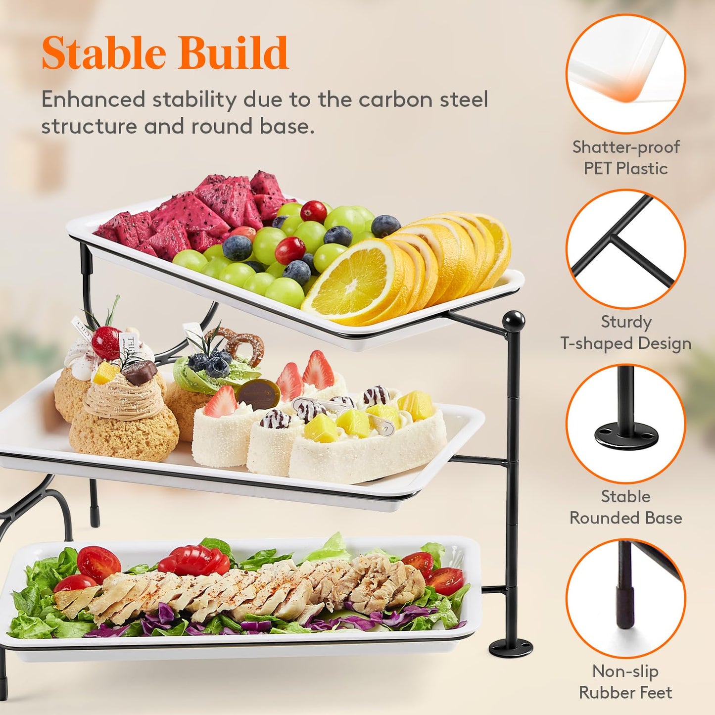Clear Plastic Serving Tray – BPA-Free Shatterproof PET Dessert Stand for Parties, Weddings & Events | Space-Saving Display with Non-Slip Base