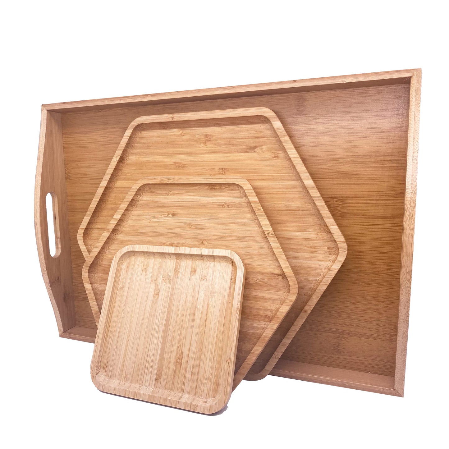 Natural Bamboo Serving Plate Set – Large Rectangle with Handle + Hexagon & Square Plates