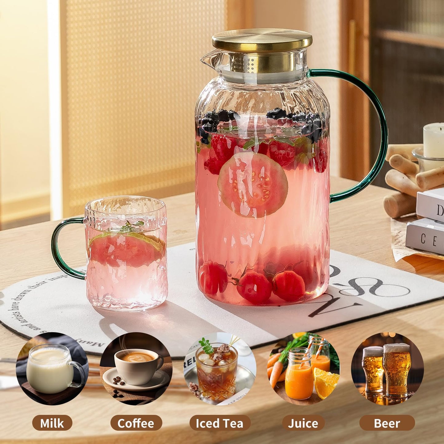 Glass Water Pitcher – 68oz Borosilicate Carafe with Stainless Steel Lid - Heat-Resistant
