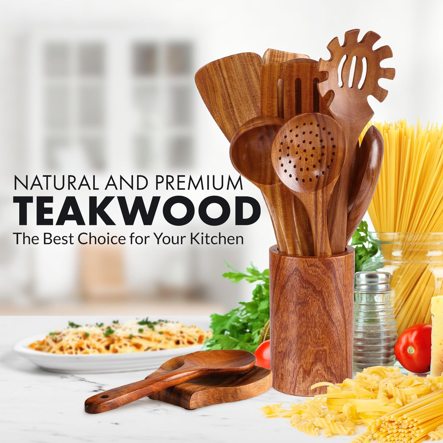 Teak Wood Cooking Utensil Set – 6-Piece Wooden Kitchen Tools | Non-Scratch, Heat-Resistant, Durable Cookware Set