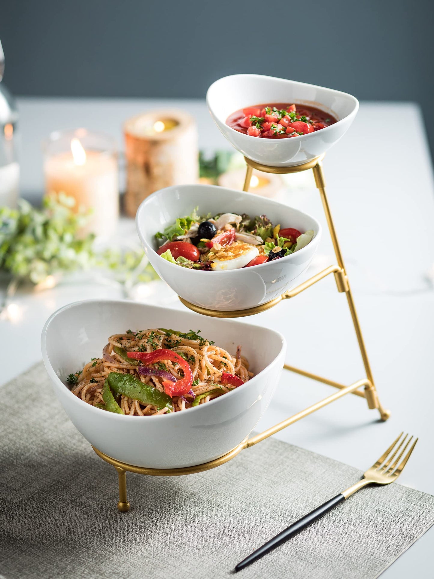 2-Tier Ceramic Chip and Dip Serving Set with Metal Stand – Divided White Glazed Bowls for Sauces, Snacks, and Appetizers