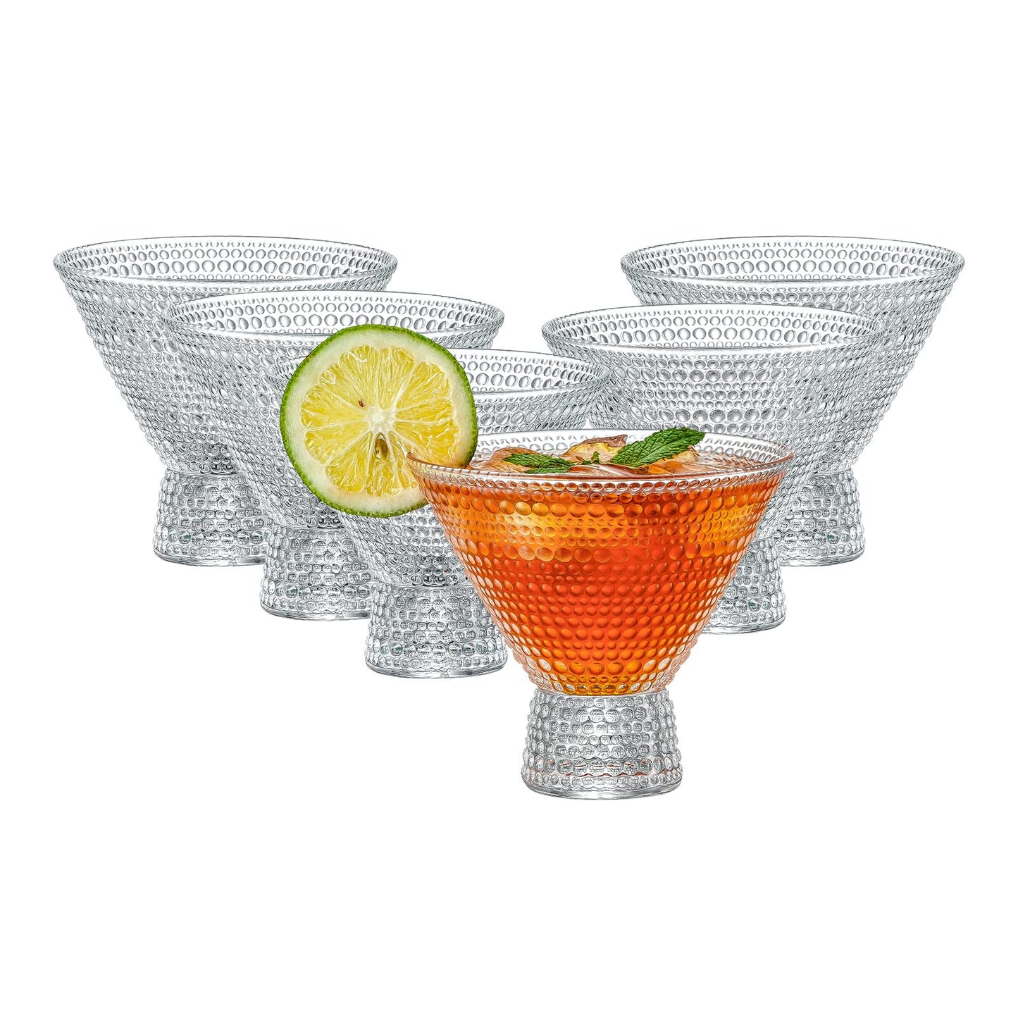Vintage Embossed Stemless Martini Glass Set β Lead-Free Crystal Cocktail Glasses for Martinis, Whiskey, and More