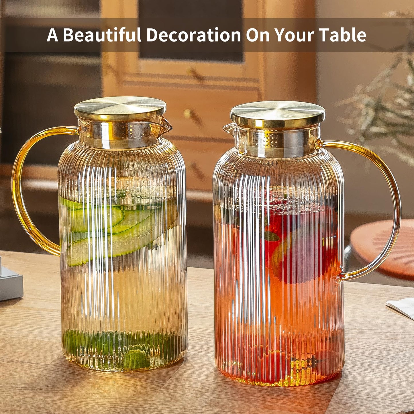 Glass Water Pitcher – 68oz Borosilicate Carafe with Stainless Steel Lid - Heat-Resistant