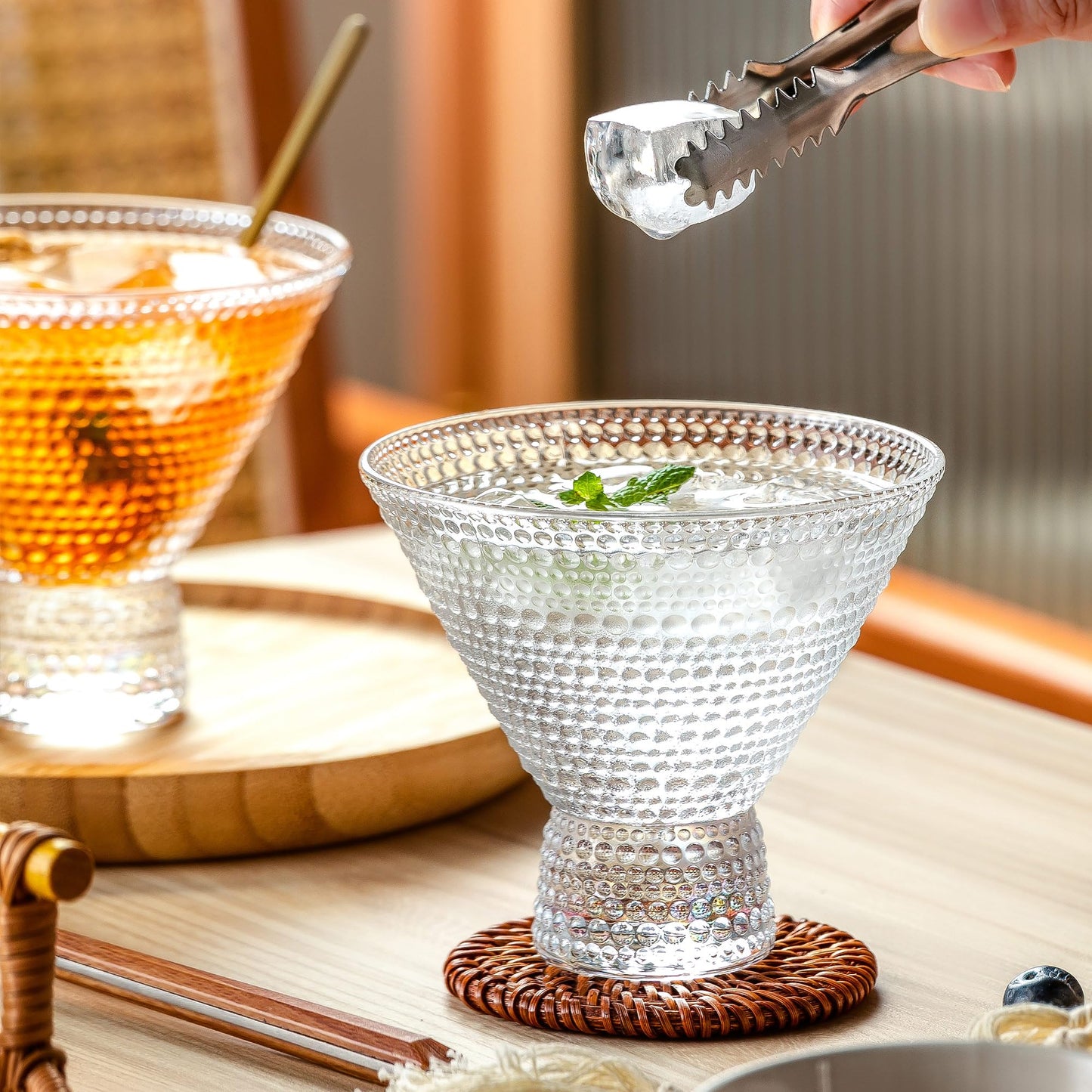 Vintage Embossed Stemless Martini Glass Set β Lead-Free Crystal Cocktail Glasses for Martinis, Whiskey, and More