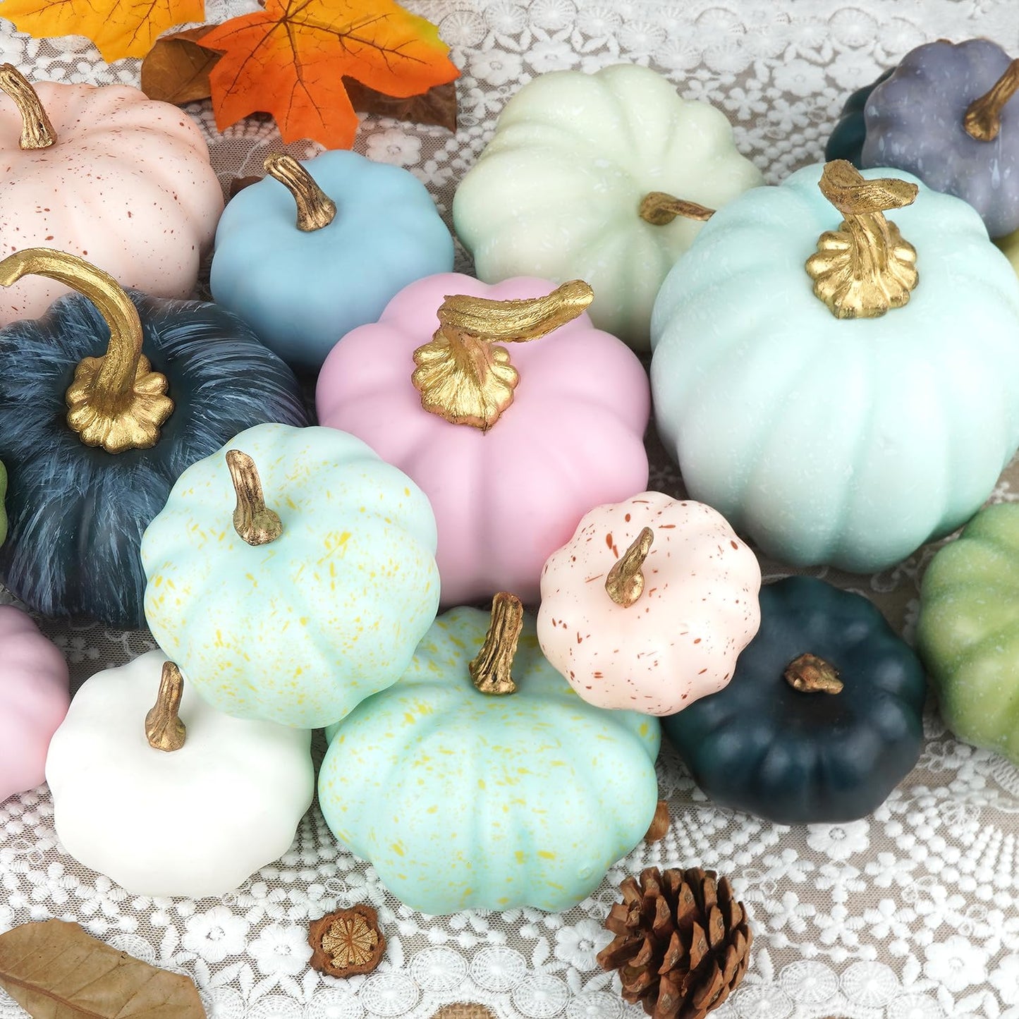 White & Gold Artificial Harvest Pumpkins – 16-Piece Fall Décor Set
